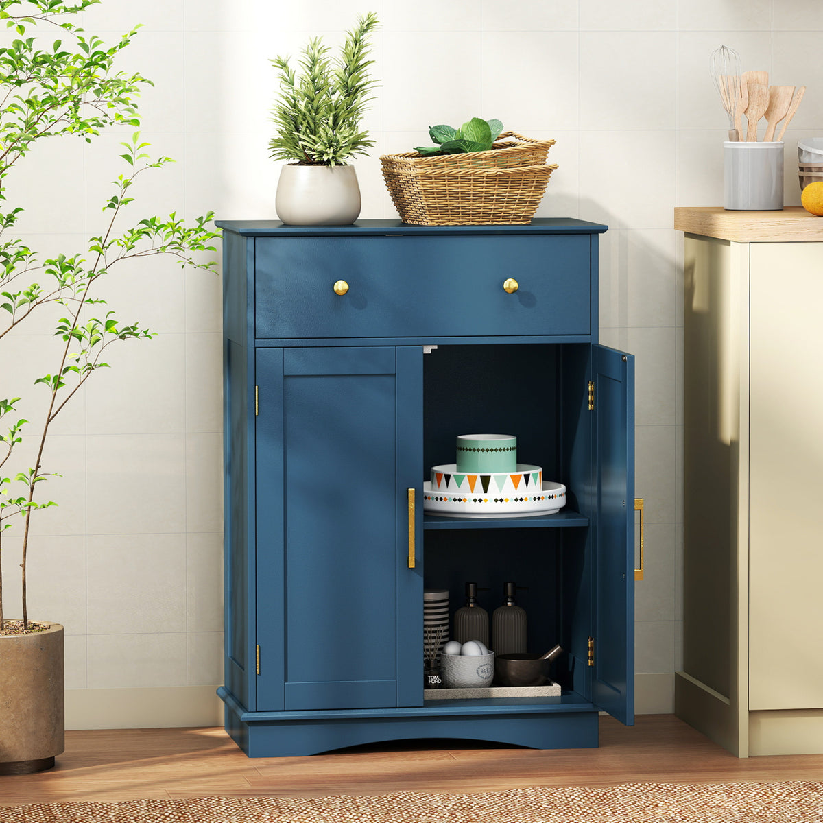 Modern Floor Storage Cabinet - Navy Blue Sideboard with Drawer-Floor Cabinets-DECOROLALA