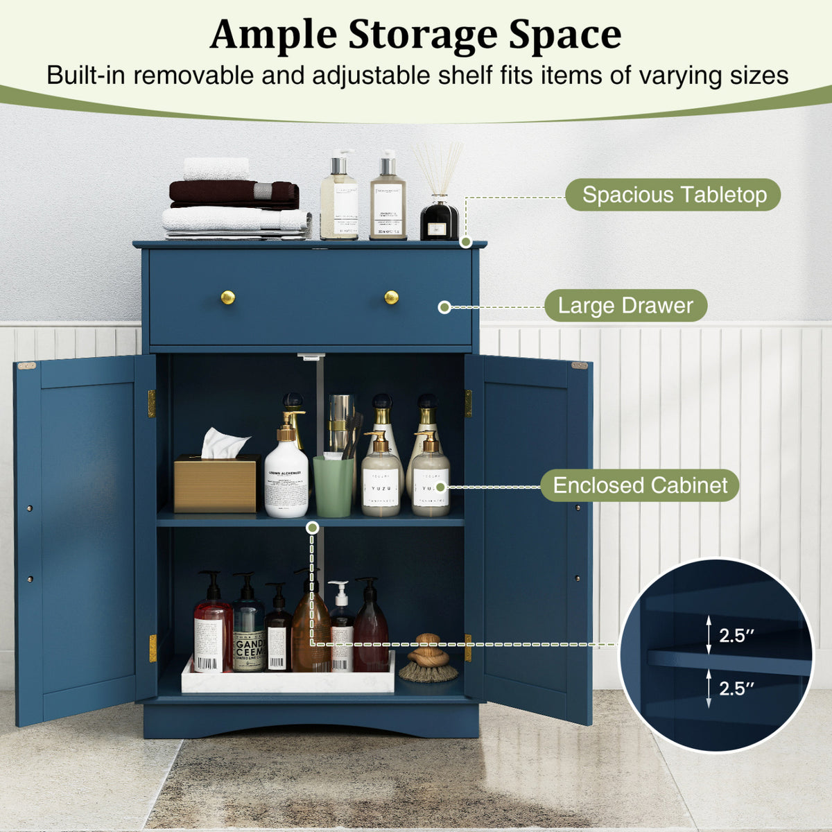 Modern Floor Storage Cabinet - Navy Blue Sideboard with Drawer-Floor Cabinets-DECOROLALA