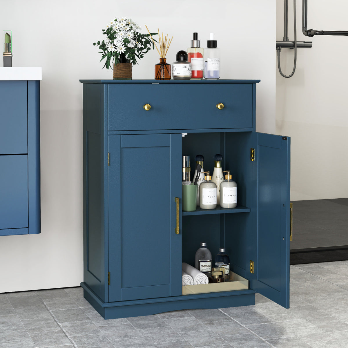 Modern Floor Storage Cabinet - Navy Blue Sideboard with Drawer-Floor Cabinets-DECOROLALA
