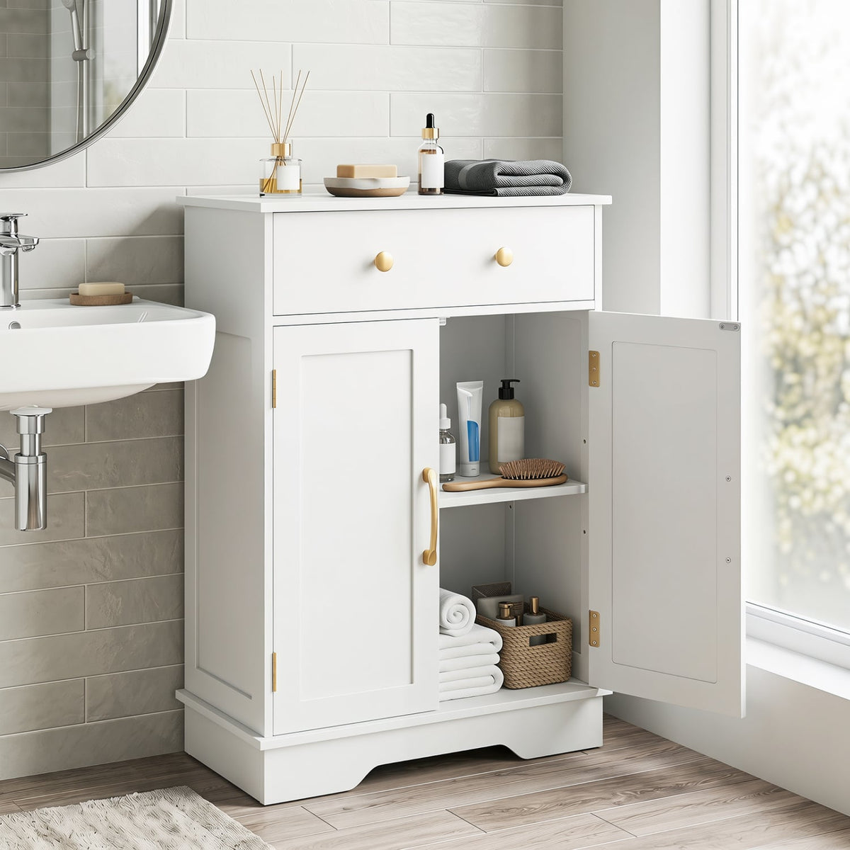 Modern Floor Storage Cabinet - White & Gold Buffet Sideboard-Floor Cabinets-DECOROLALA