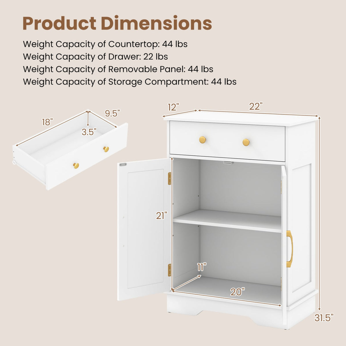 Modern Floor Storage Cabinet - White & Gold Buffet Sideboard-Floor Cabinets-DECOROLALA