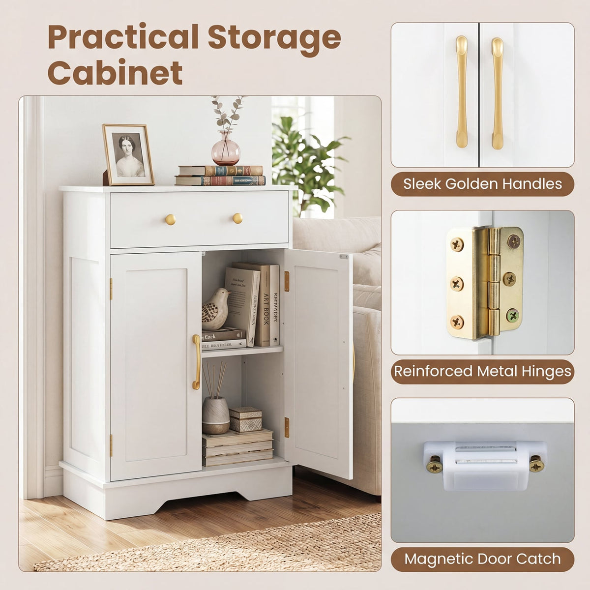 Modern Floor Storage Cabinet - White & Gold Buffet Sideboard-Floor Cabinets-DECOROLALA