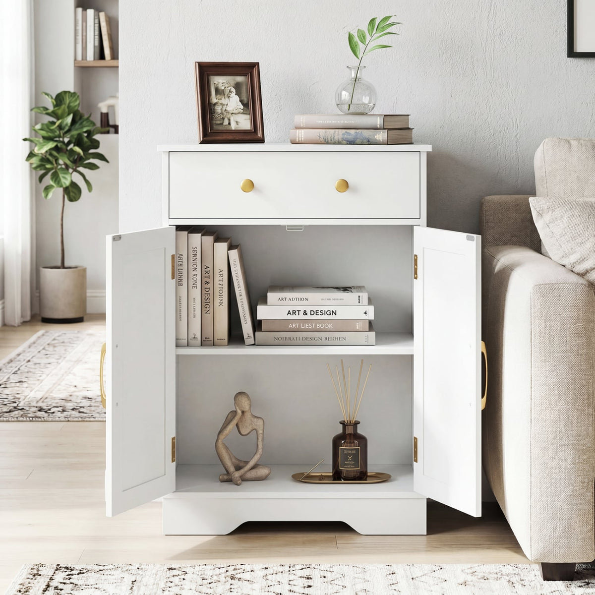 Modern Floor Storage Cabinet - White & Gold Buffet Sideboard-Floor Cabinets-DECOROLALA