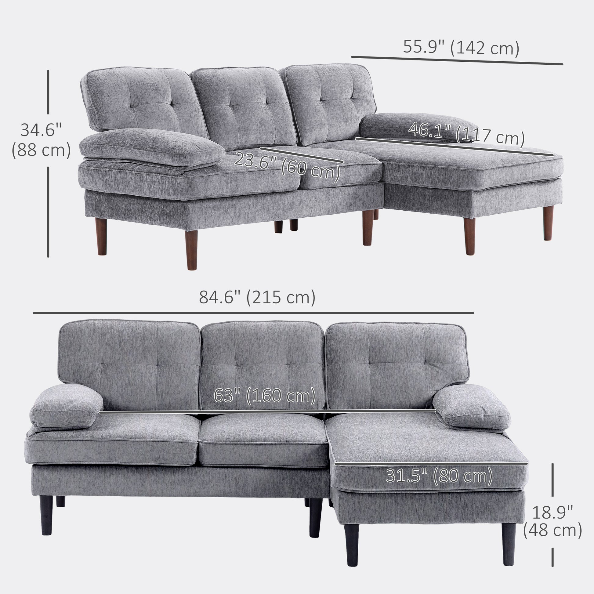 Modern Grey 3-Seater Corner Sofa with Chaise, Tufted L-Shaped Wooden Legs-DECOROLALA