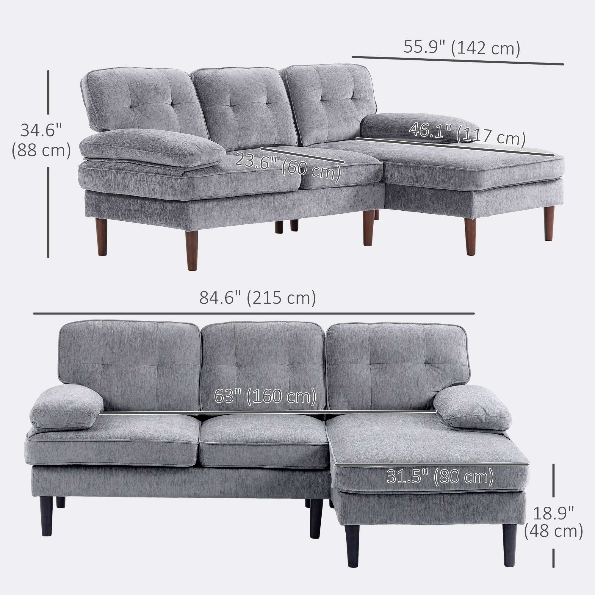 Modern Grey 3-Seater Corner Sofa with Chaise, Tufted L-Shaped Wooden Legs-DECOROLALA
