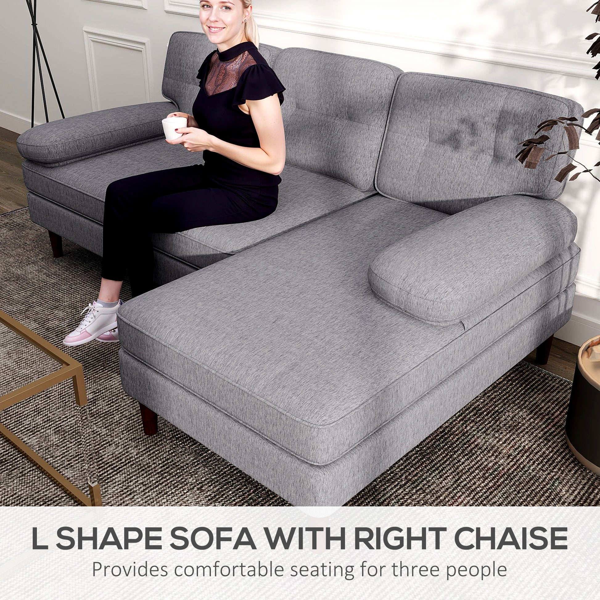 Modern Grey 3-Seater Corner Sofa with Chaise, Tufted L-Shaped Wooden Legs-DECOROLALA