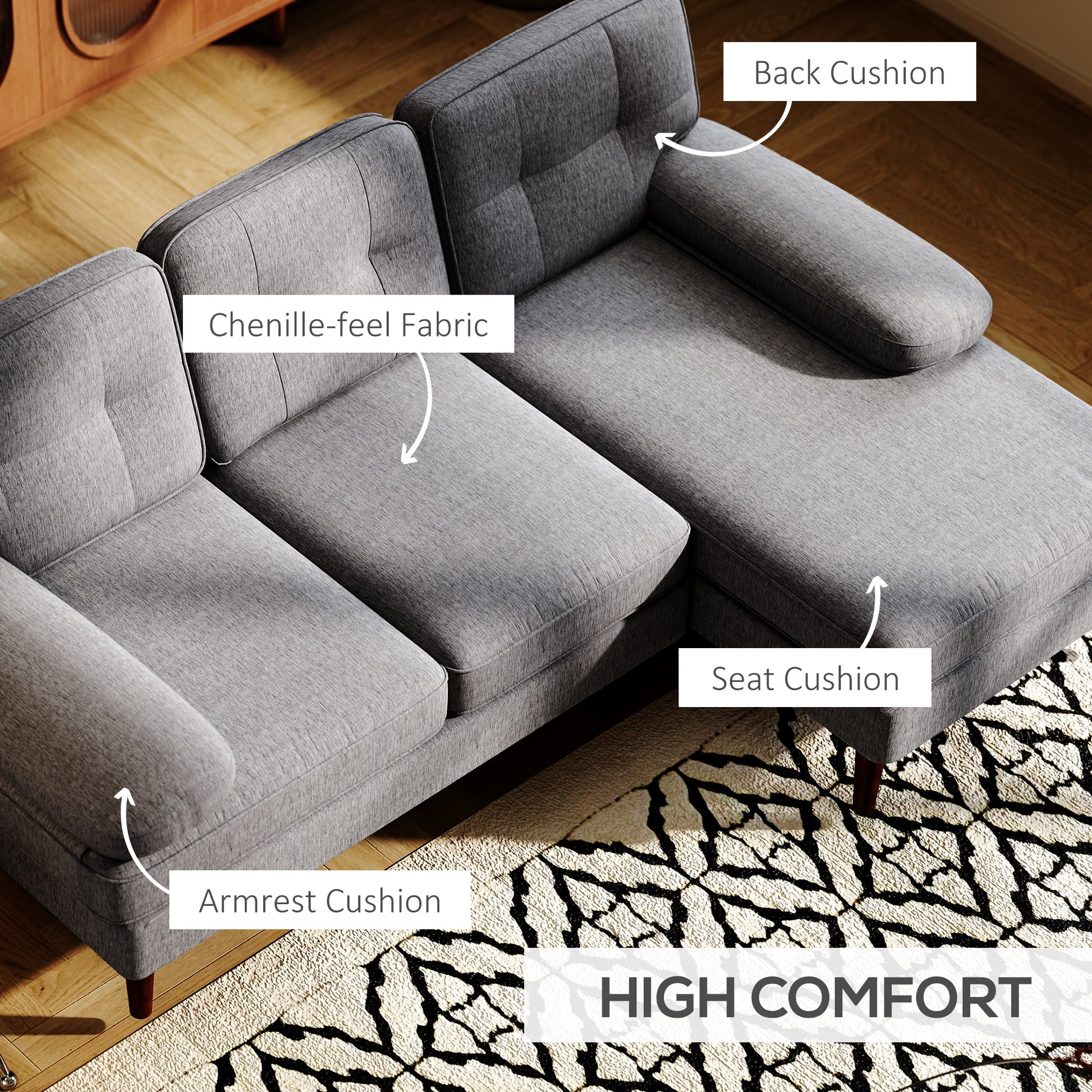Modern Grey 3-Seater Corner Sofa with Chaise, Tufted L-Shaped Wooden Legs-DECOROLALA