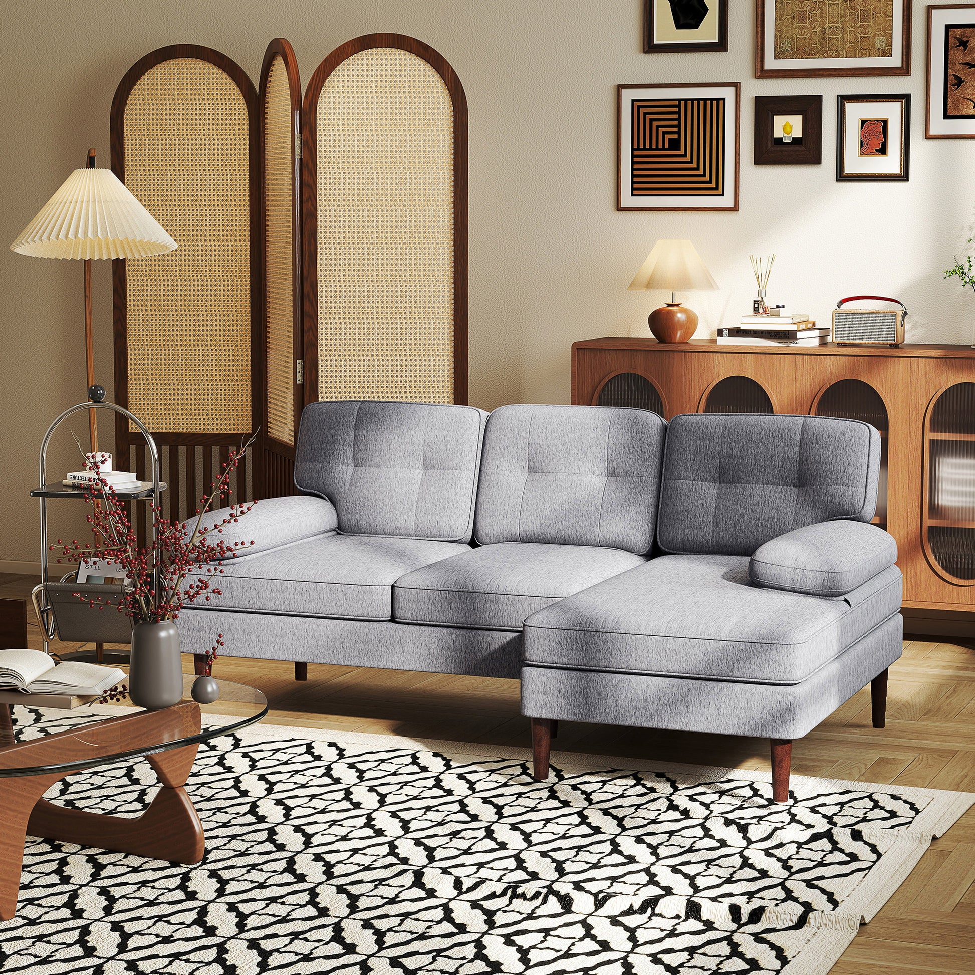 Modern Grey 3-Seater Corner Sofa with Chaise, Tufted L-Shaped Wooden Legs-DECOROLALA