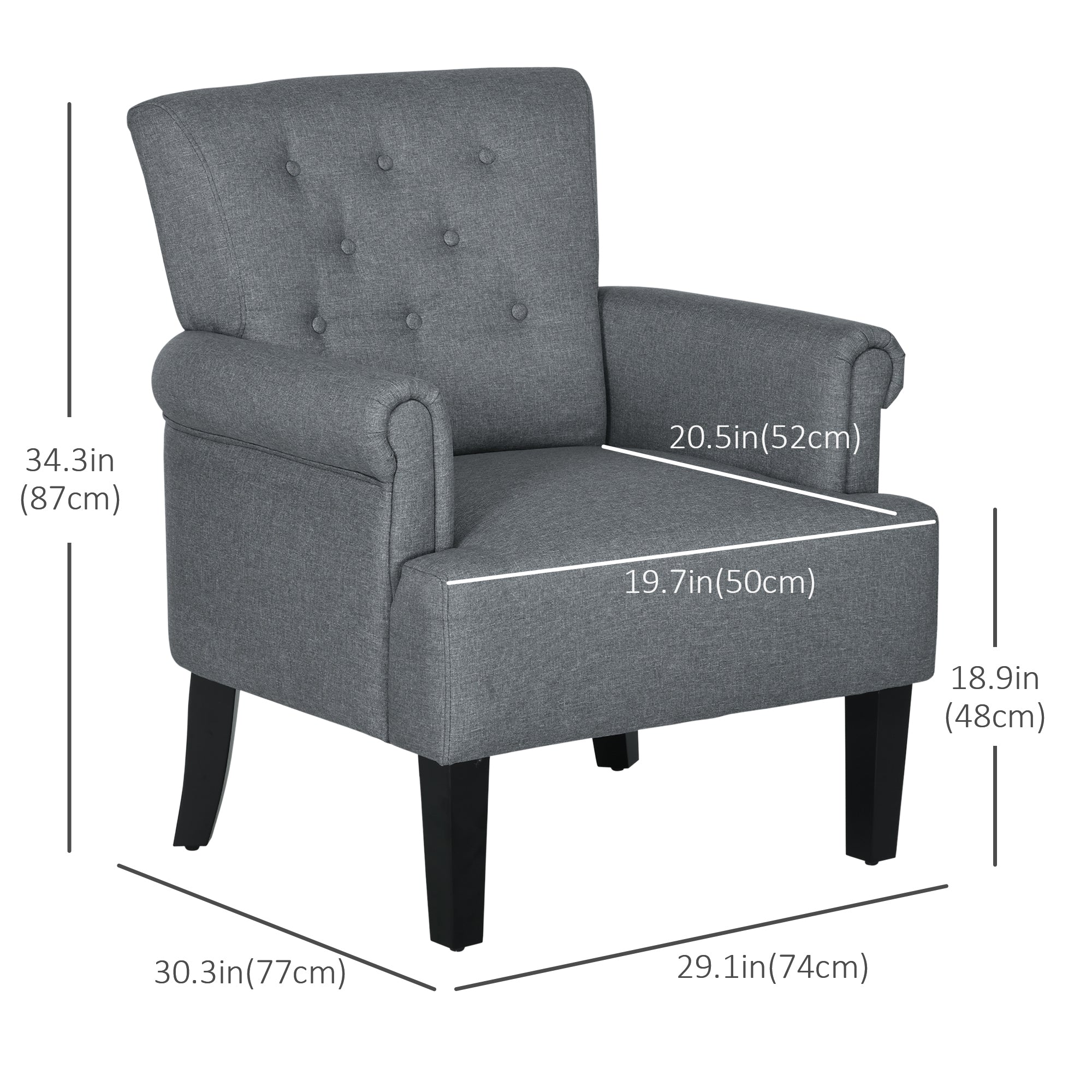Modern Grey Accent Chair with Wood Legs & Rolled Arms, Fabric, Living Room/Bedroom-DECOROLALA