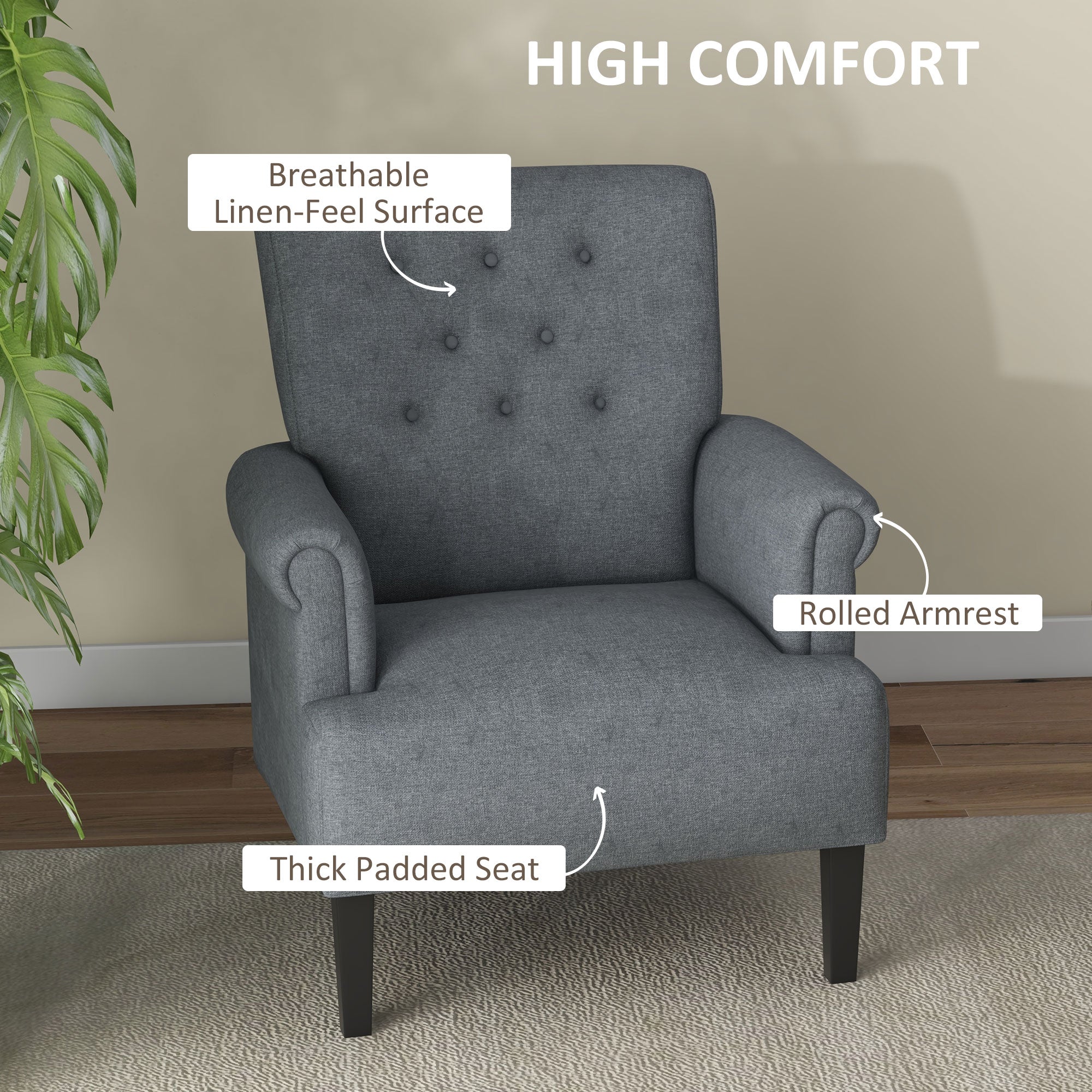 Modern Grey Accent Chair with Wood Legs & Rolled Arms, Fabric, Living Room/Bedroom-DECOROLALA