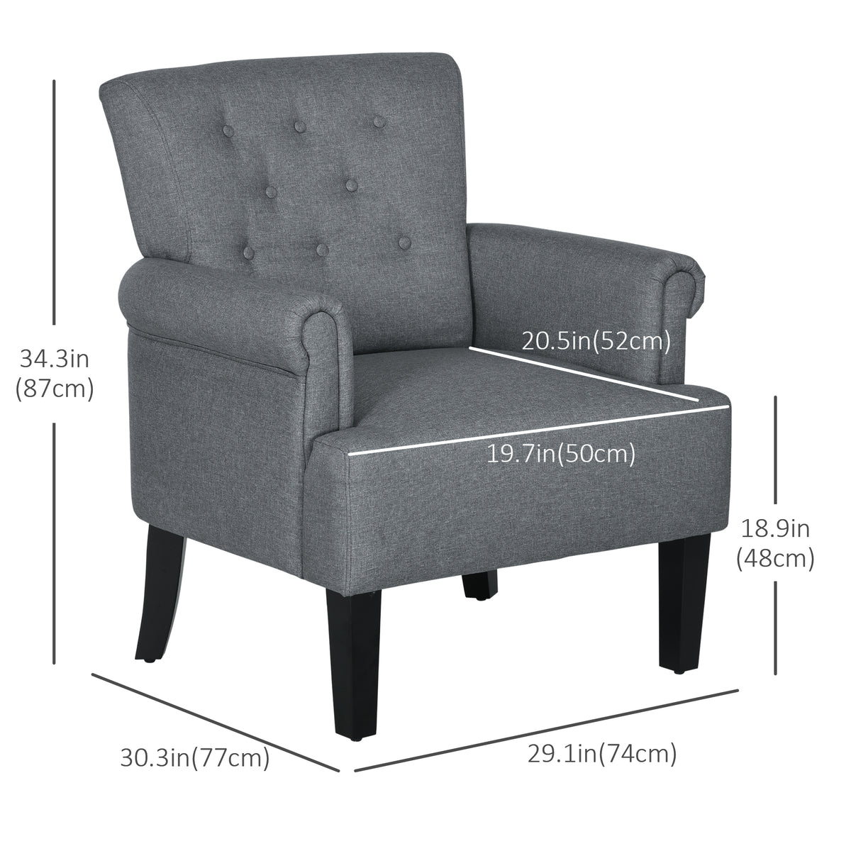 Modern Grey Accent Chair with Wood Legs & Rolled Arms, Fabric, Living Room/Bedroom-DECOROLALA