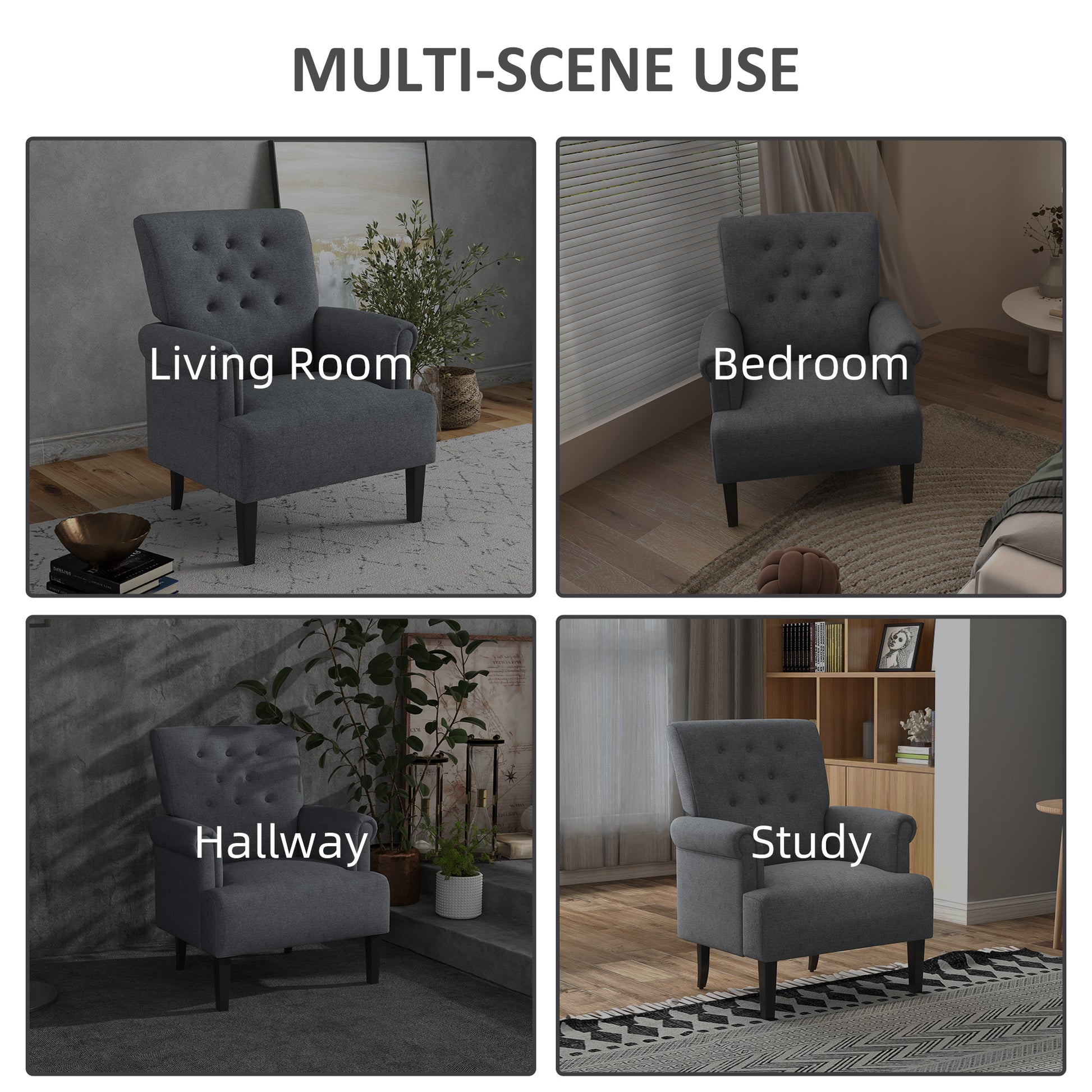Modern Grey Accent Chair with Wood Legs & Rolled Arms, Fabric, Living Room/Bedroom-DECOROLALA