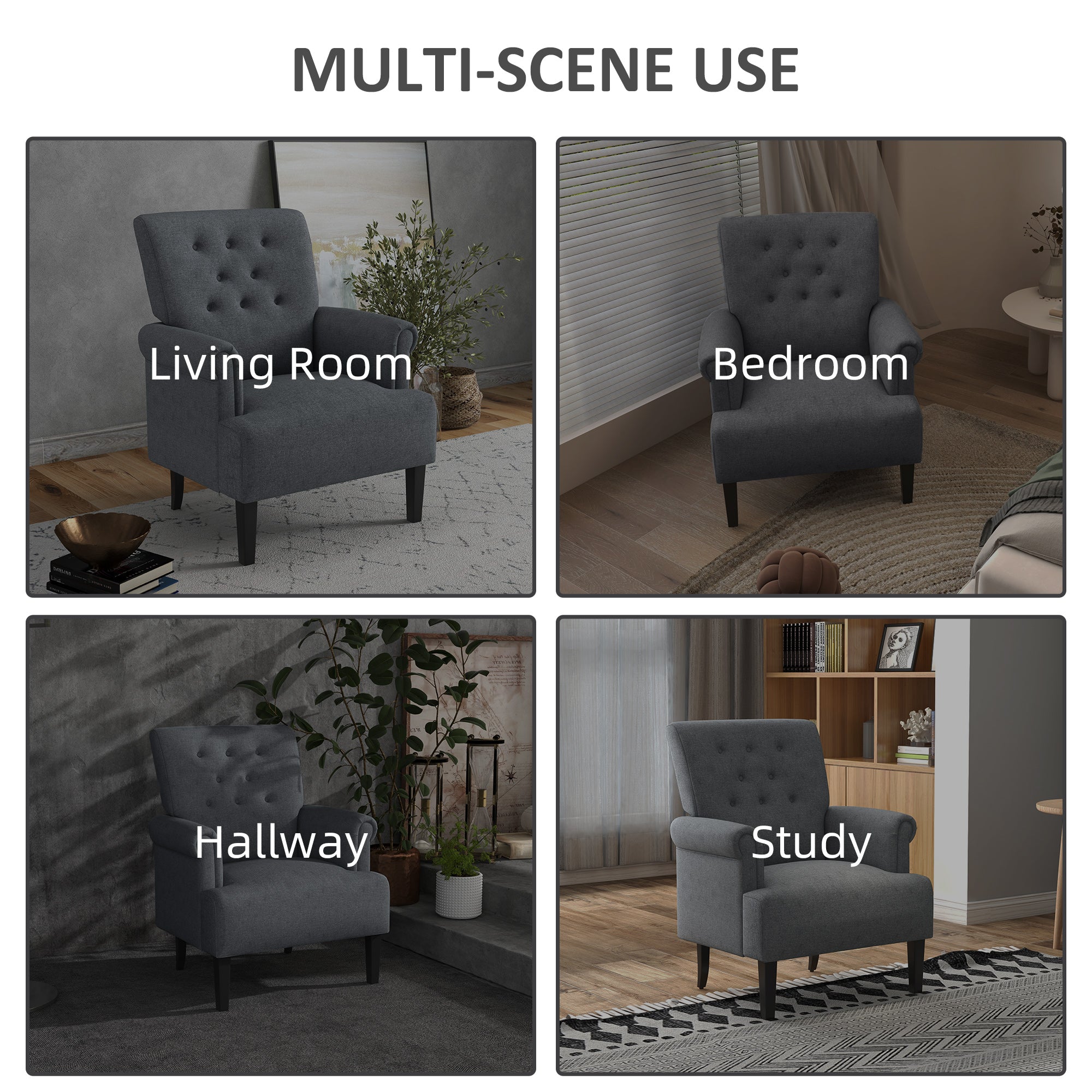 Modern Grey Accent Chair with Wood Legs & Rolled Arms, Fabric, Living Room/Bedroom-DECOROLALA