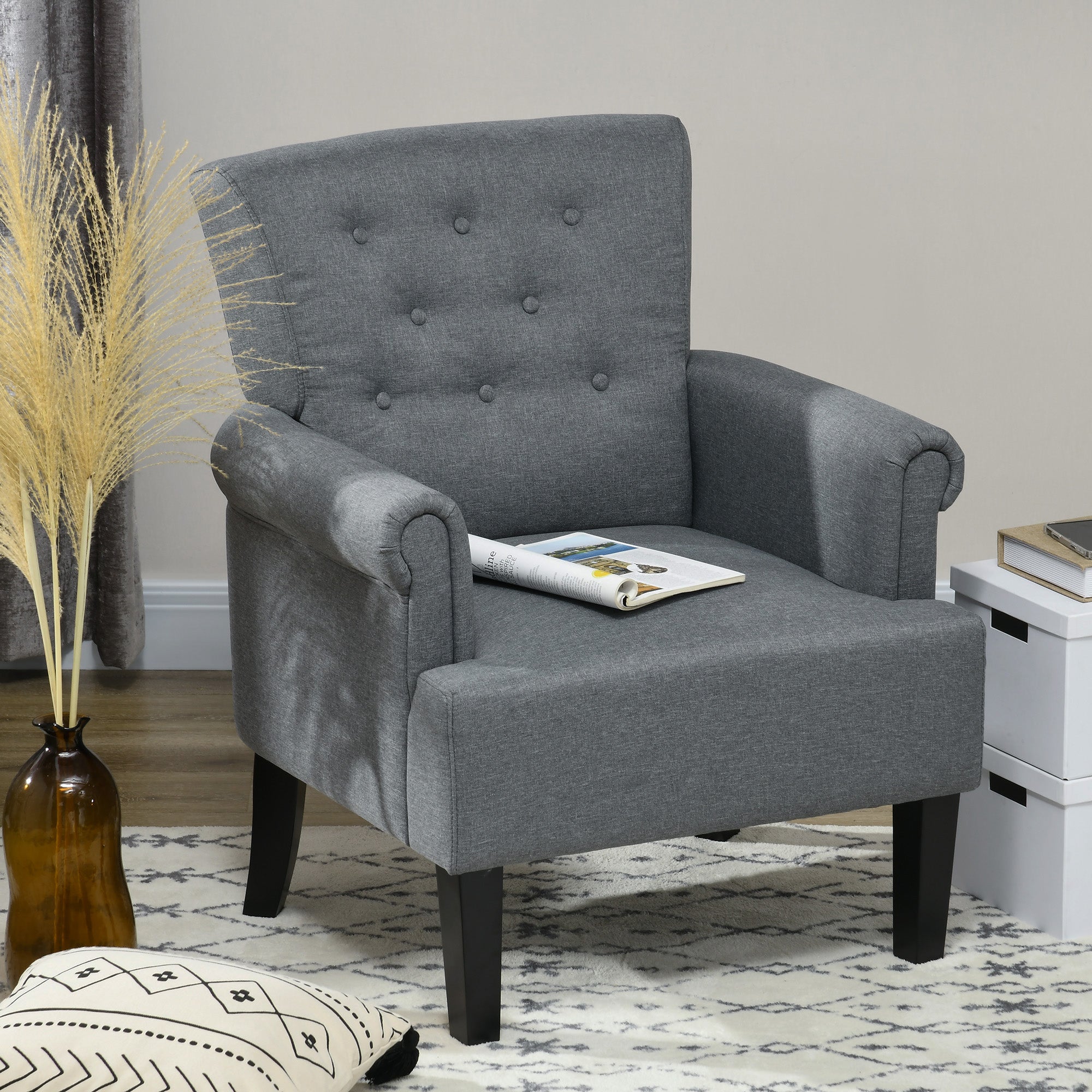 Modern Grey Accent Chair with Wood Legs & Rolled Arms, Fabric, Living Room/Bedroom-DECOROLALA