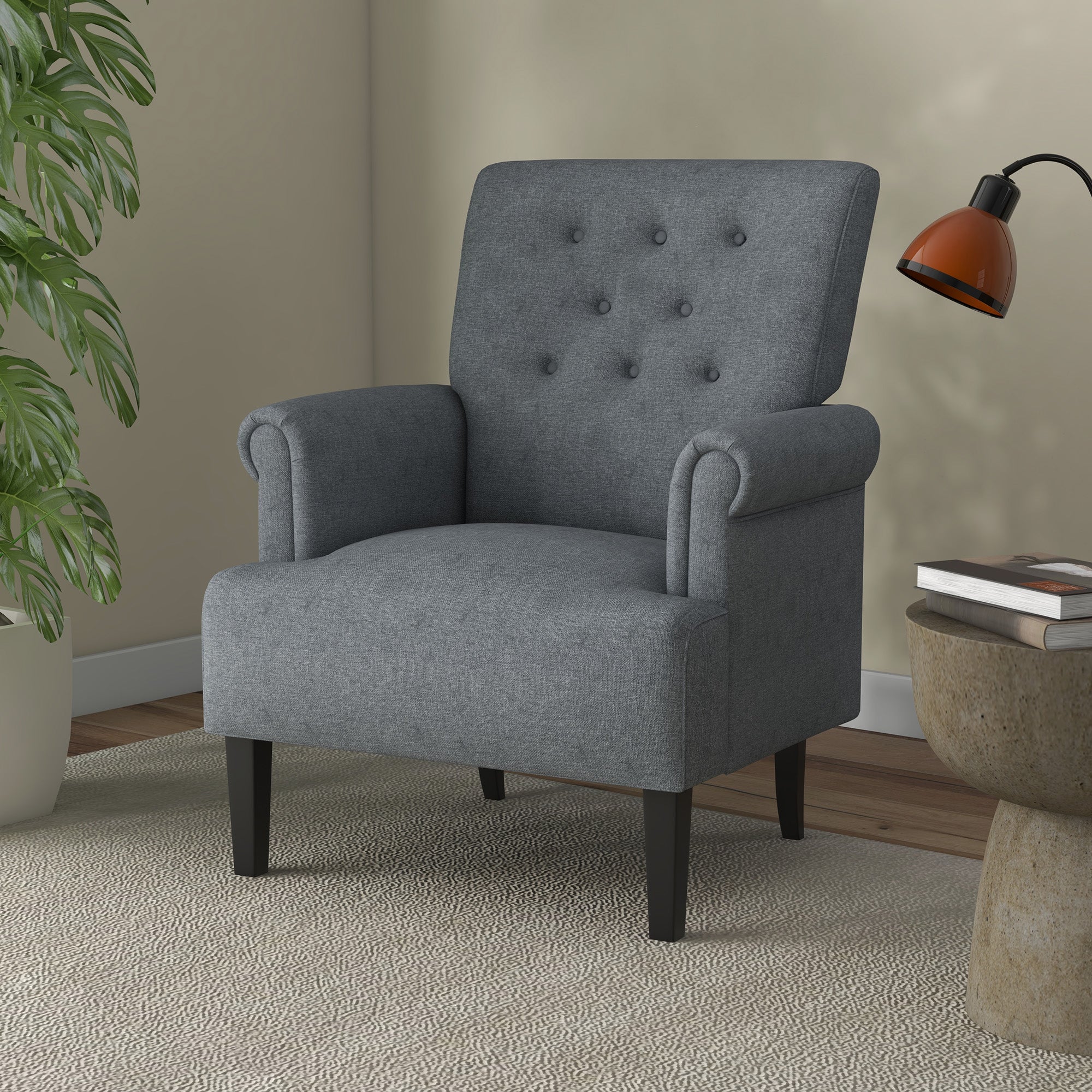 Modern Grey Accent Chair with Wood Legs & Rolled Arms, Fabric, Living Room/Bedroom-DECOROLALA