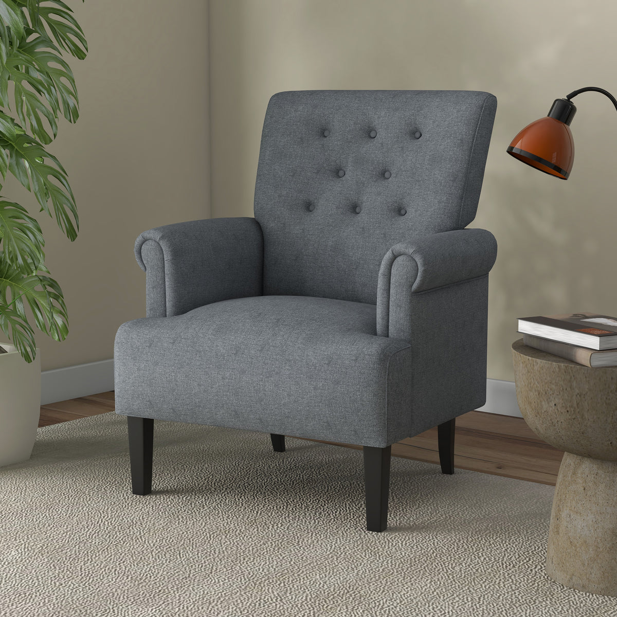Modern Grey Accent Chair with Wood Legs & Rolled Arms, Fabric, Living Room/Bedroom-DECOROLALA