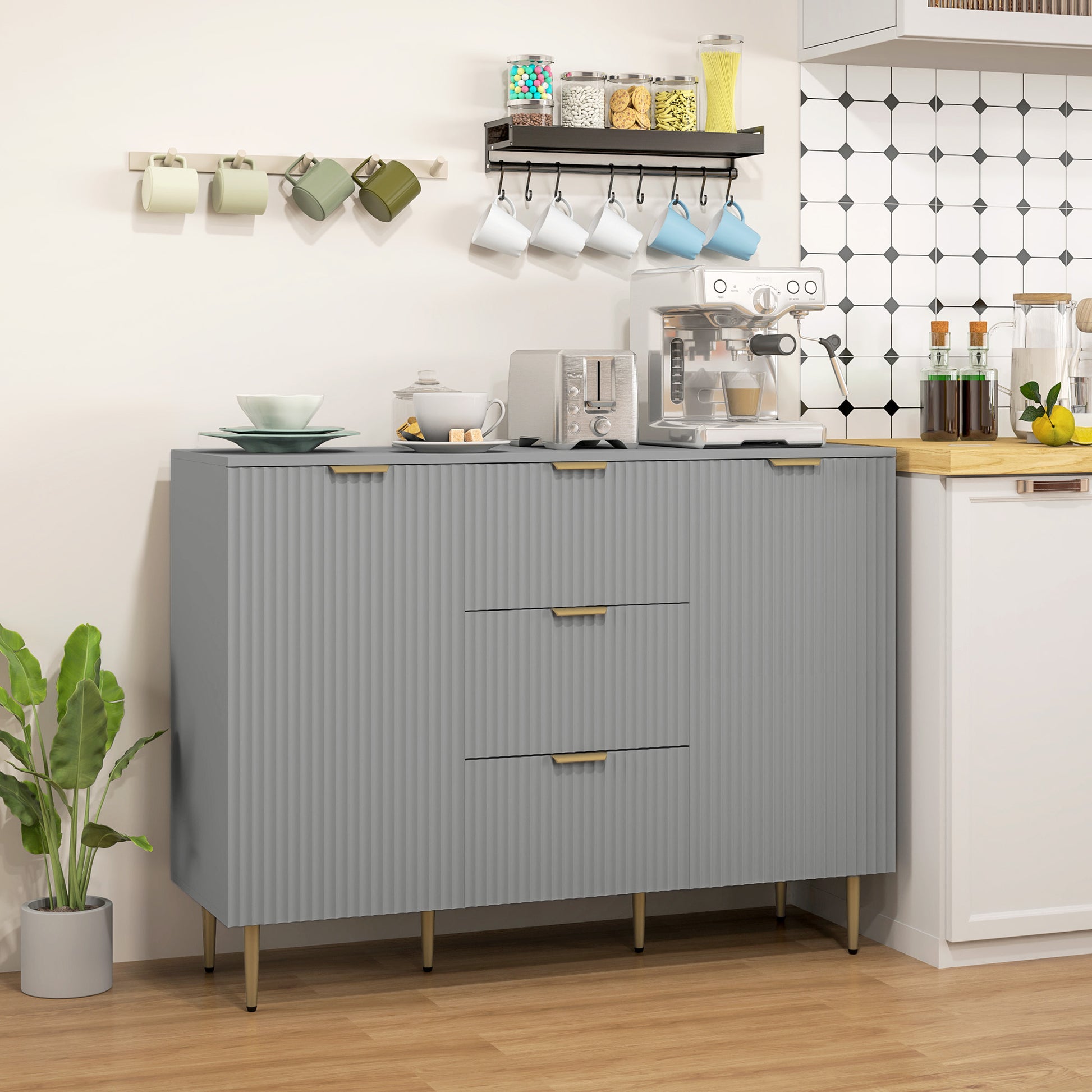 Modern Grey Kitchen Cabinet with 3 Drawers & Shelves, TV Stand - Aosom-DECOROLALA