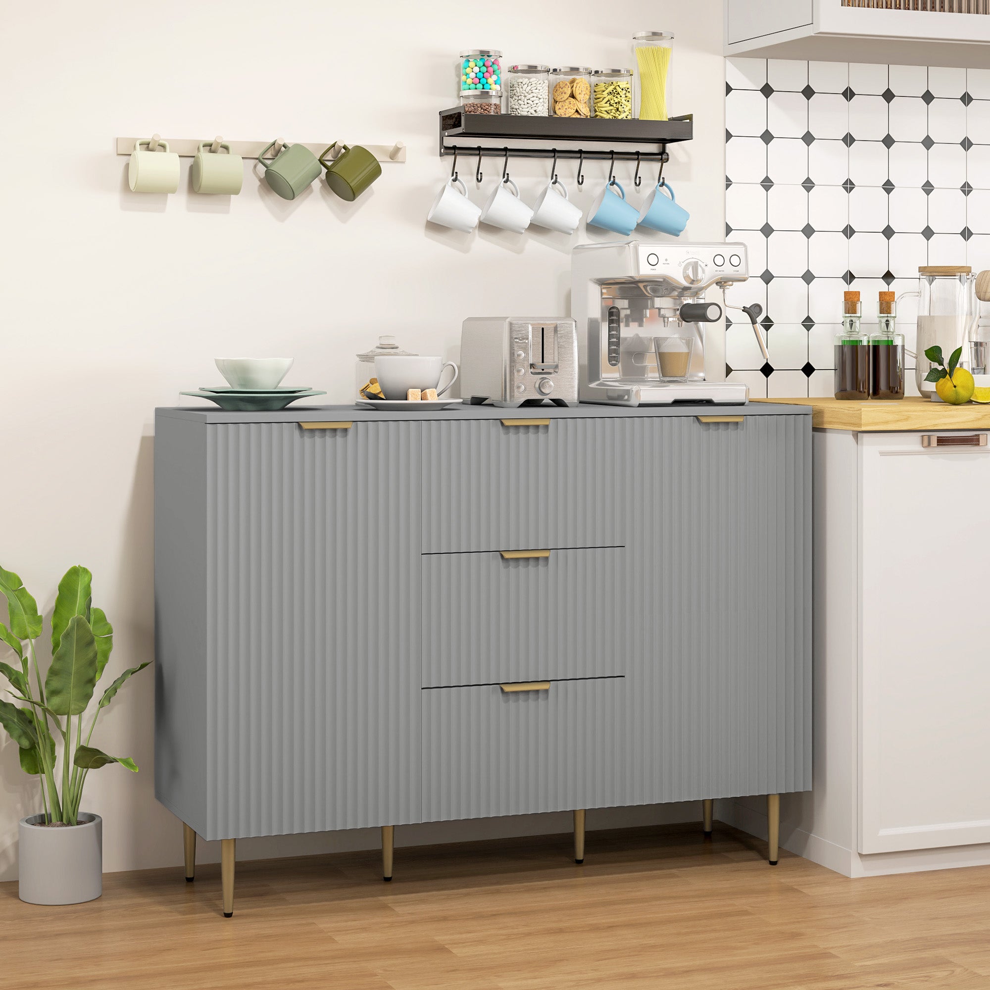 Modern Grey Kitchen Cabinet with 3 Drawers & Shelves, TV Stand - Aosom-DECOROLALA