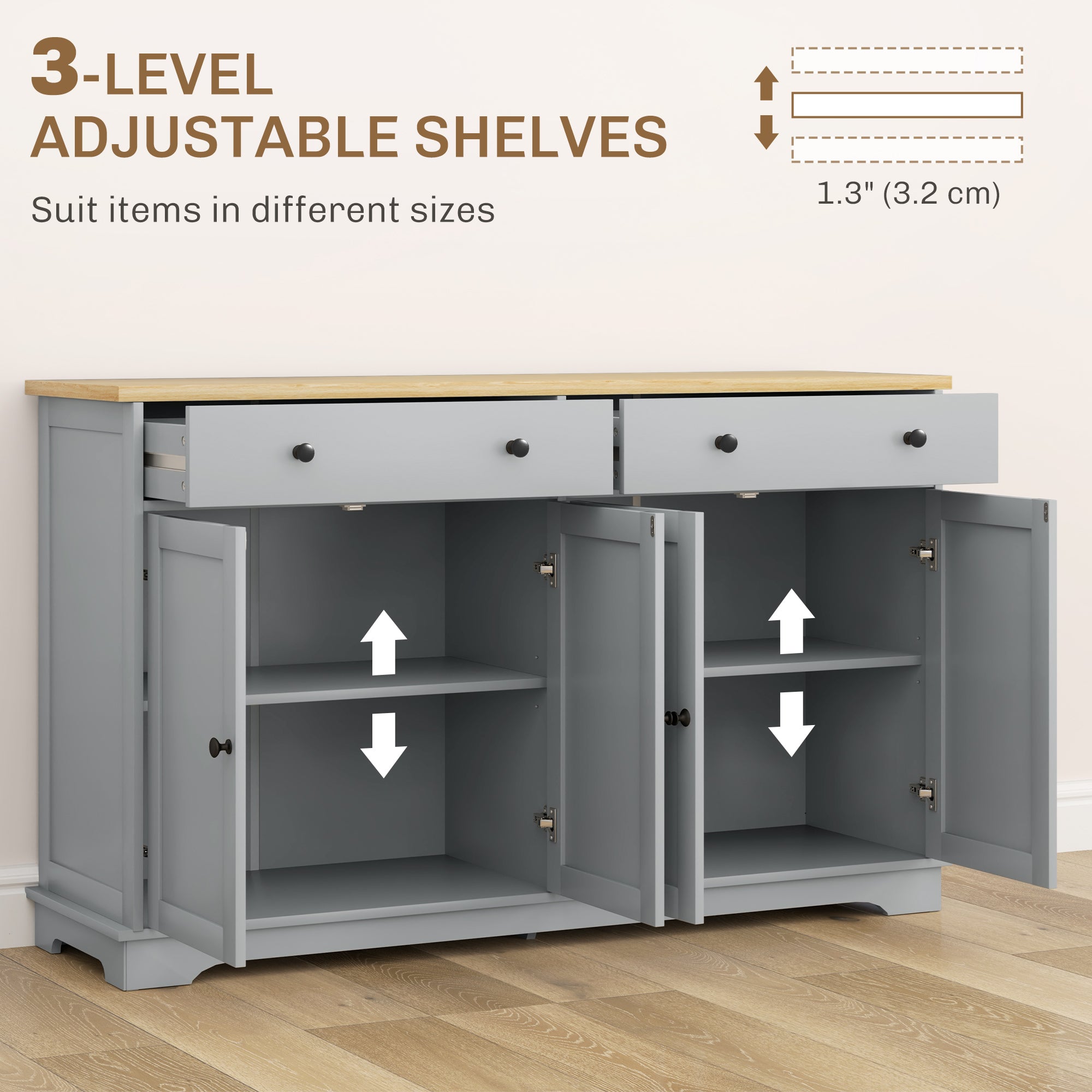 Modern Grey Sideboard with Storage, Adjustable Shelves, Buffet Cabinet-DECOROLALA