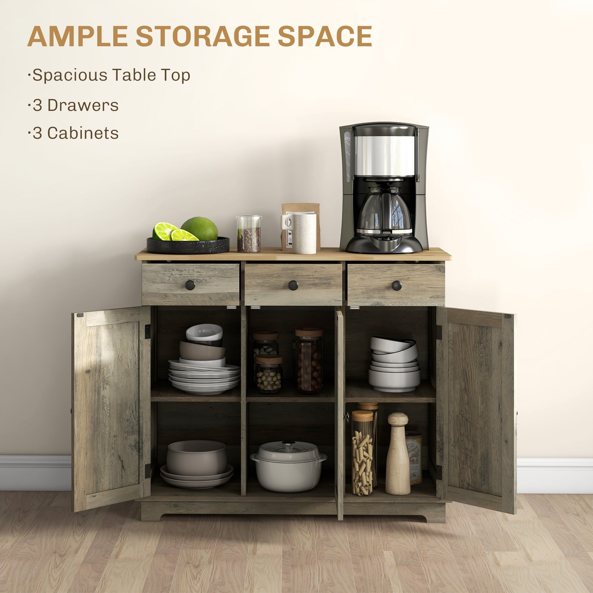 Modern Grey Sideboard with Storage, Buffet Cabinet, Adjustable Shelves, Washed Grey-DECOROLALA