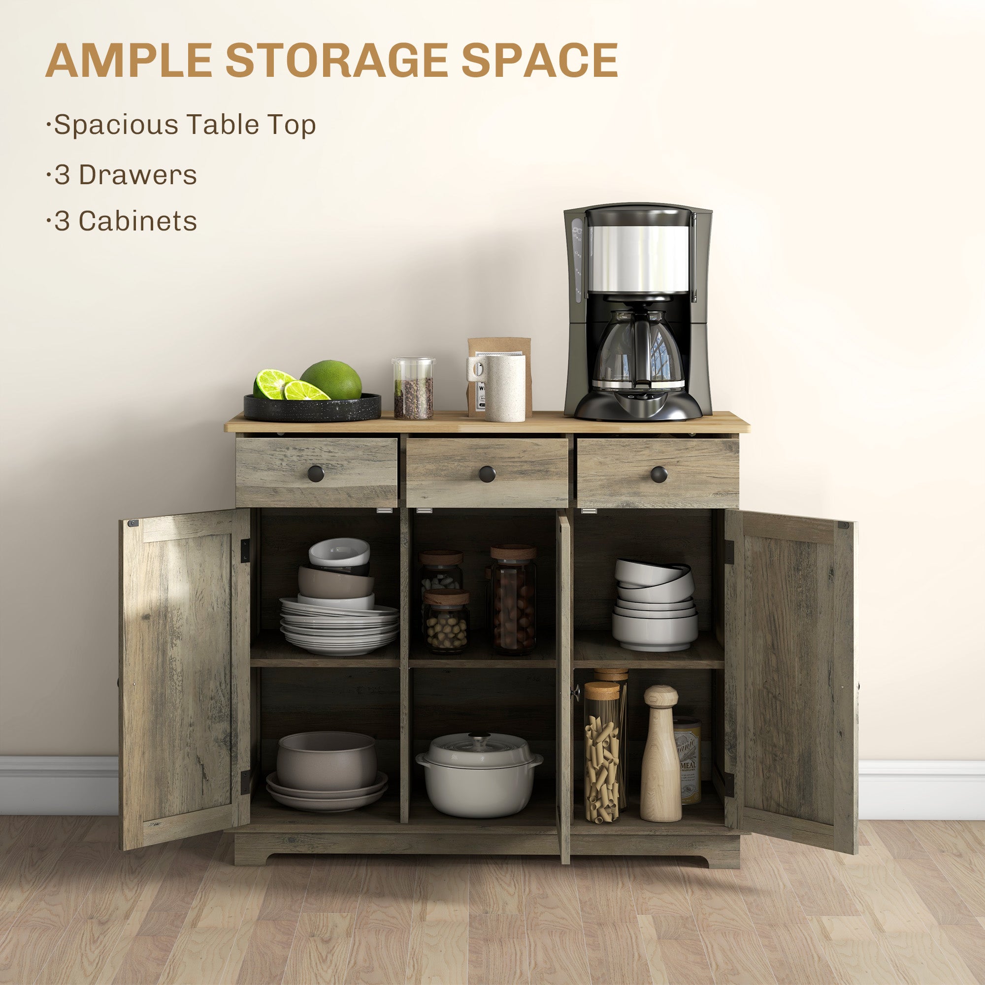 Modern Grey Sideboard with Storage, Buffet Cabinet, Adjustable Shelves, Washed Grey-DECOROLALA