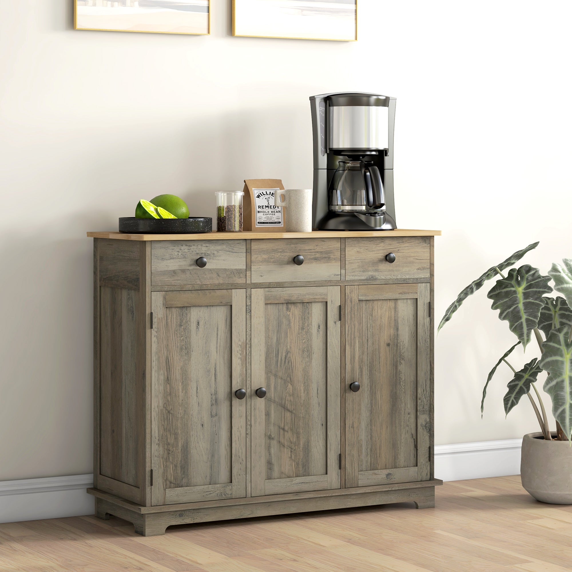 Modern Grey Sideboard with Storage, Buffet Cabinet, Adjustable Shelves, Washed Grey-DECOROLALA