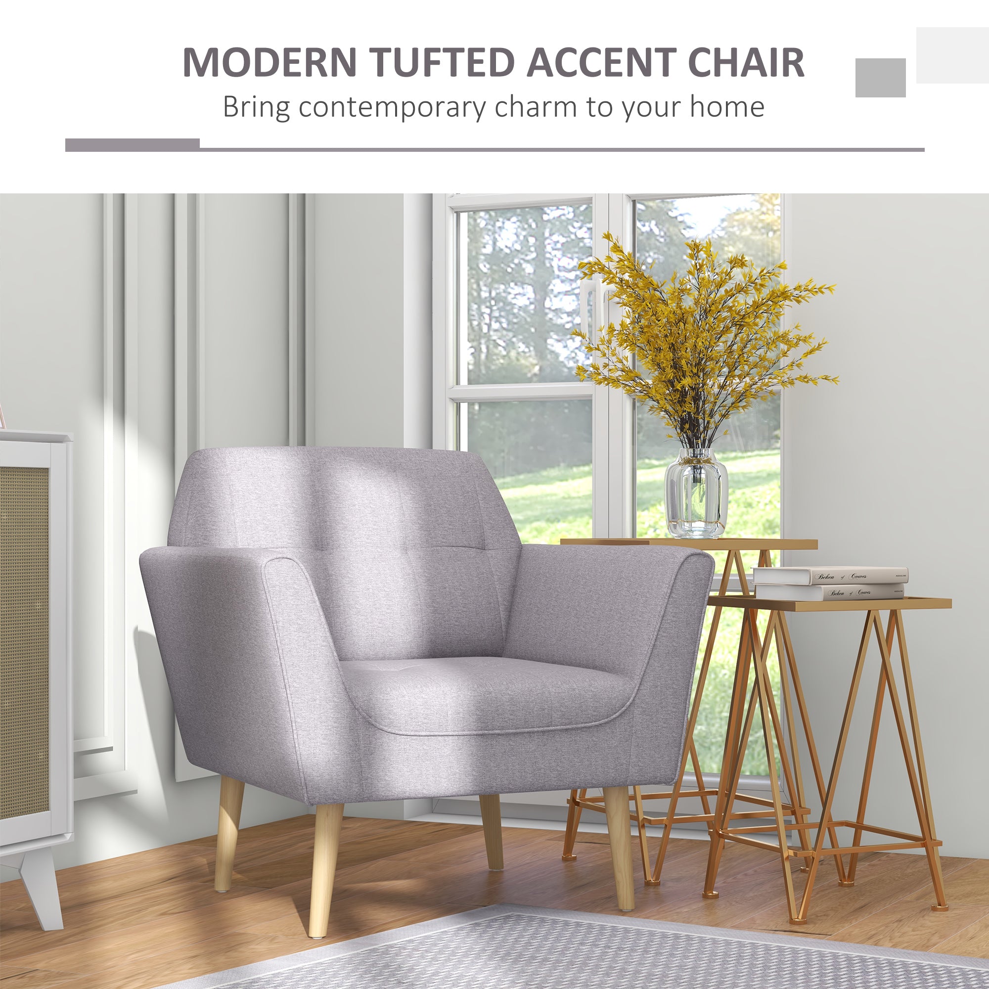 Modern Grey Tufted Accent Chair with Rubber Wood Legs, Upholstered-DECOROLALA