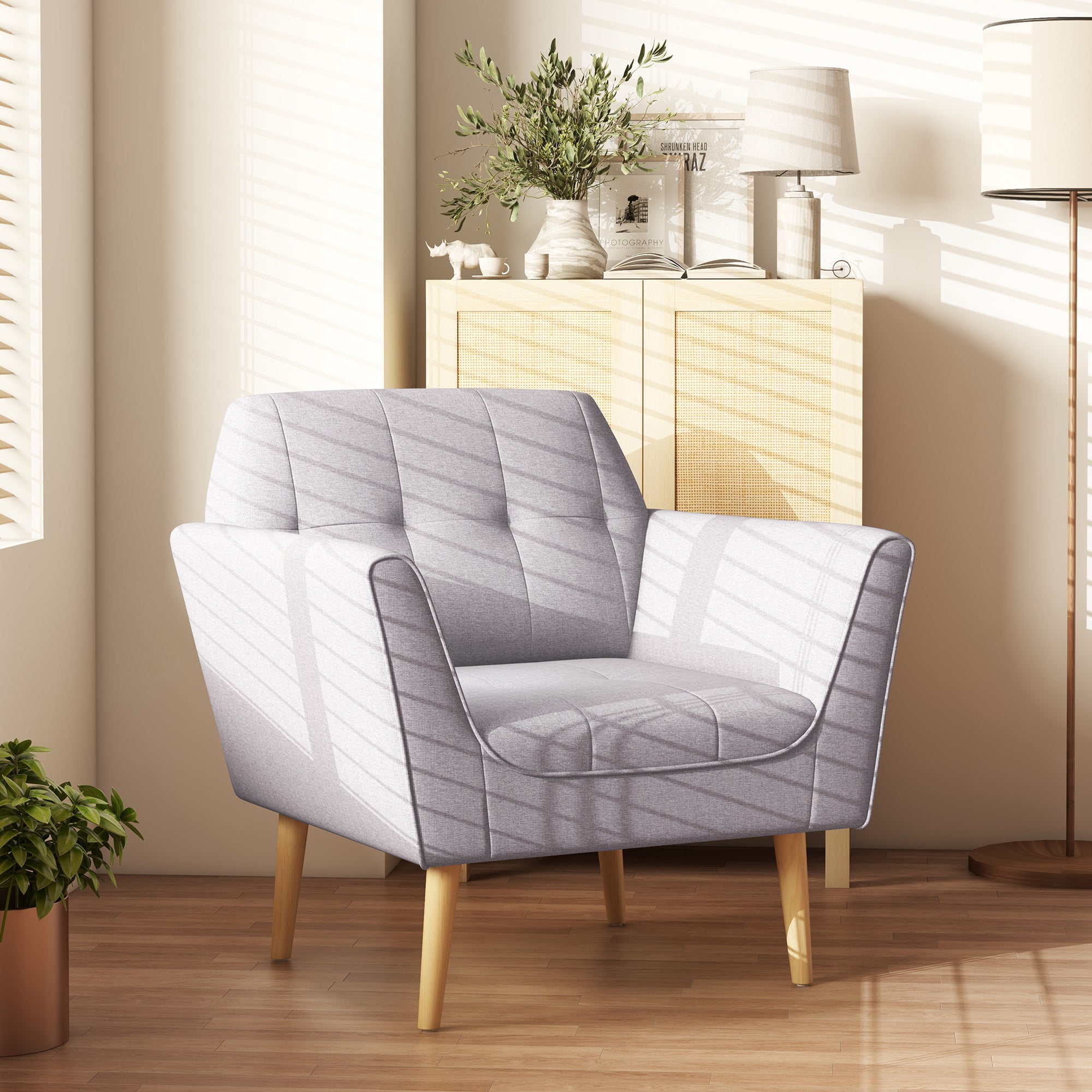 Modern Grey Tufted Accent Chair with Rubber Wood Legs, Upholstered-DECOROLALA