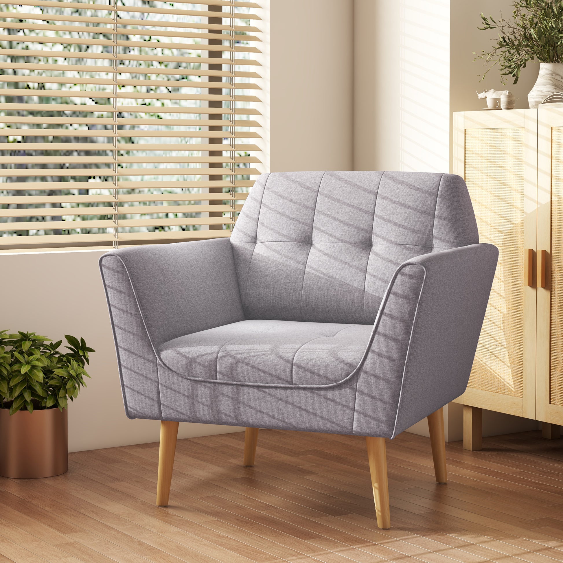 Modern Grey Tufted Accent Chair with Rubber Wood Legs, Upholstered-DECOROLALA