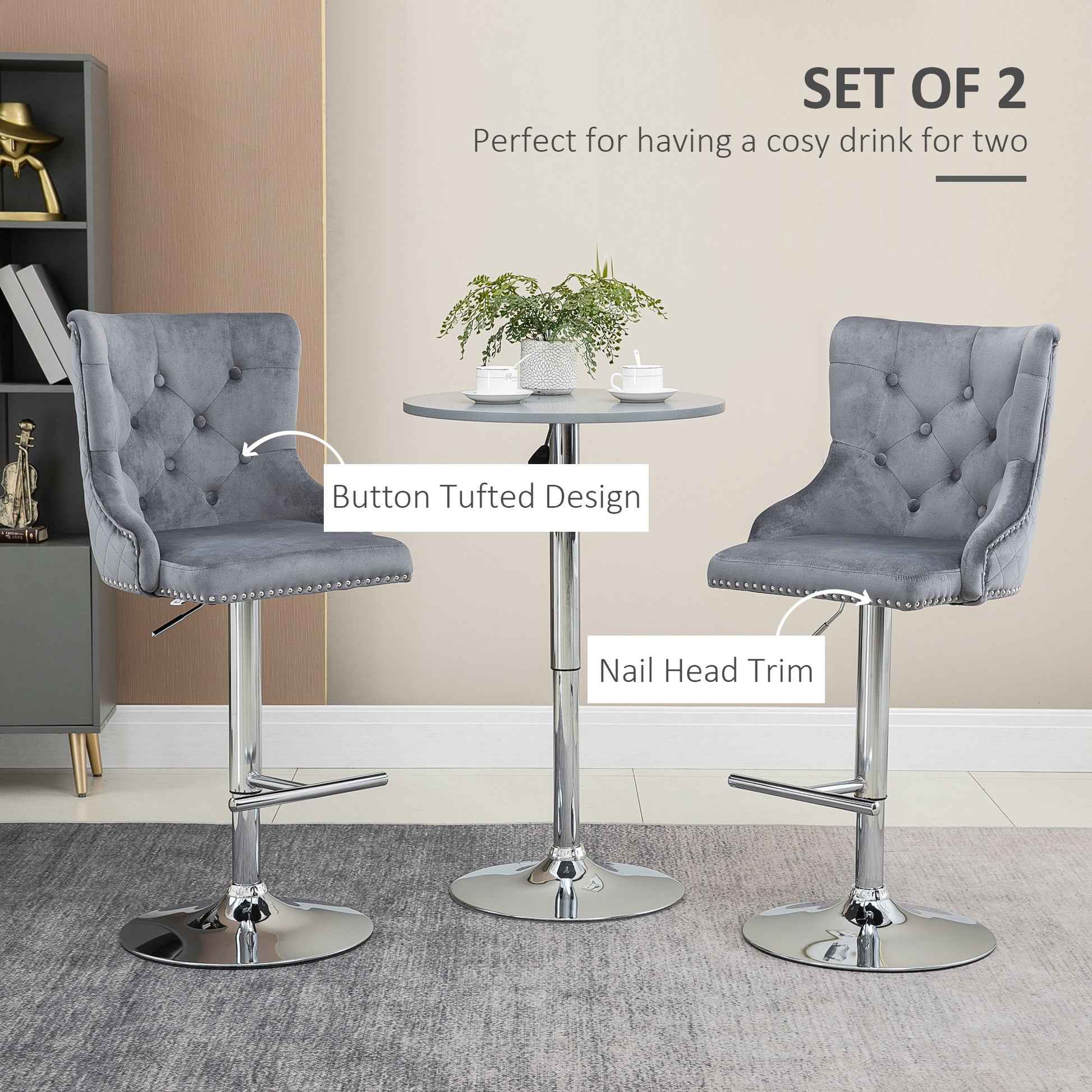 Modern Grey Velvet Swivel Bar Stools - Set of 2-DECOROLALA