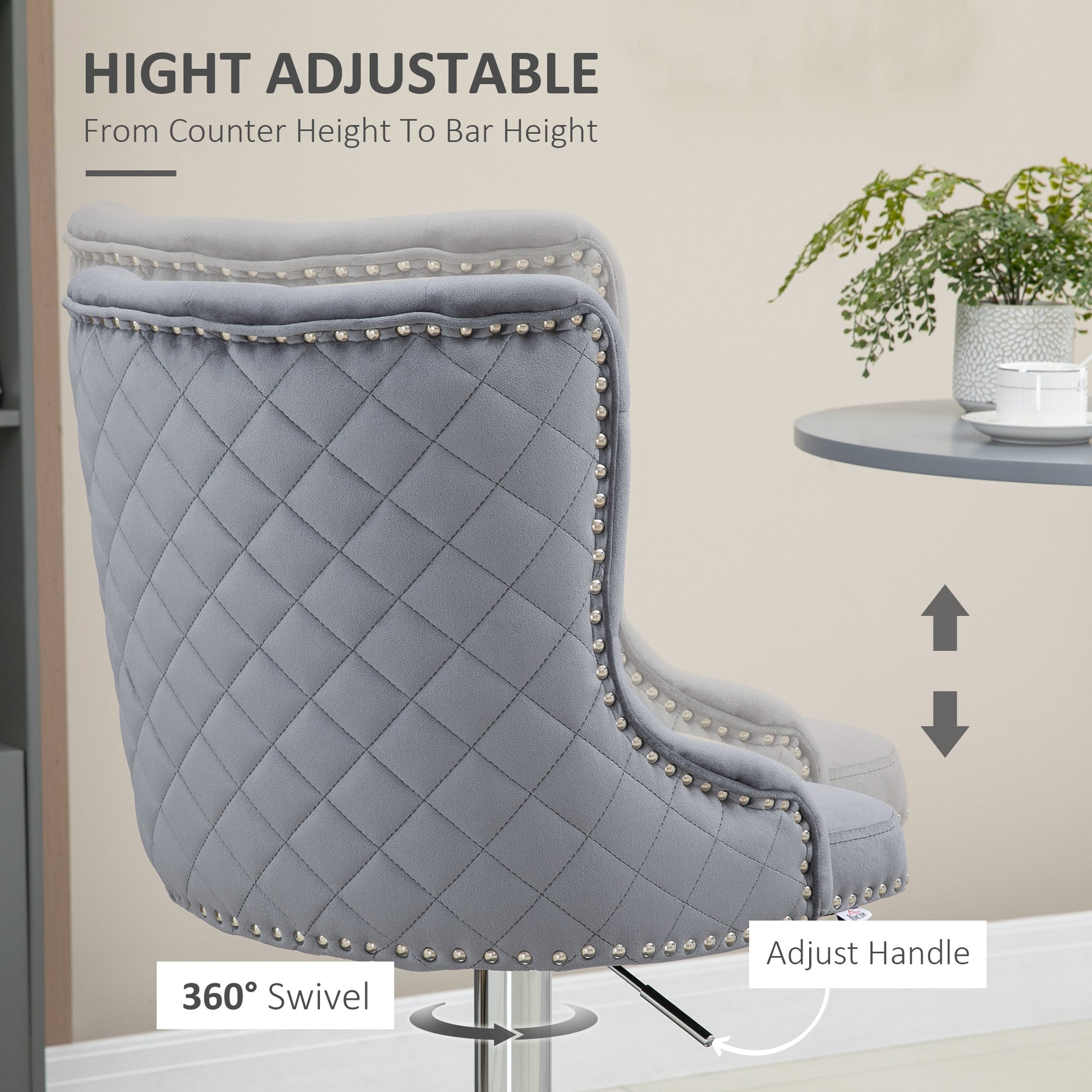 Modern Grey Velvet Swivel Bar Stools - Set of 2-DECOROLALA