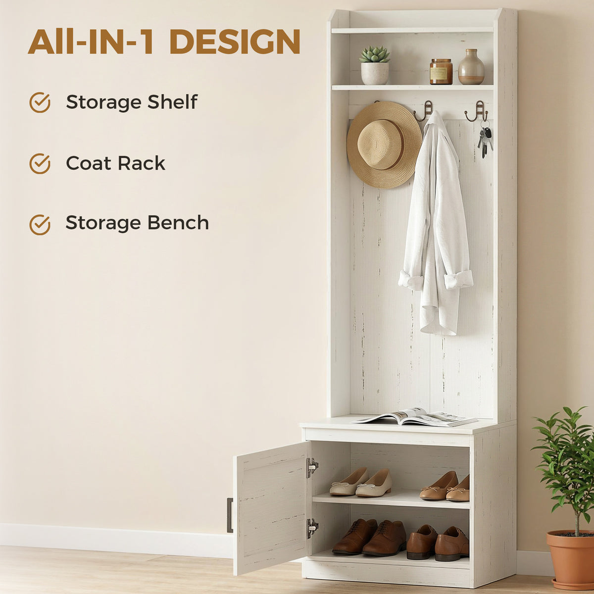 Modern Hall Tree with Shoe Storage Bench - White Wood Grain-Home Furnishings > Storage & Organization > Clothing Storage-DECOROLALA