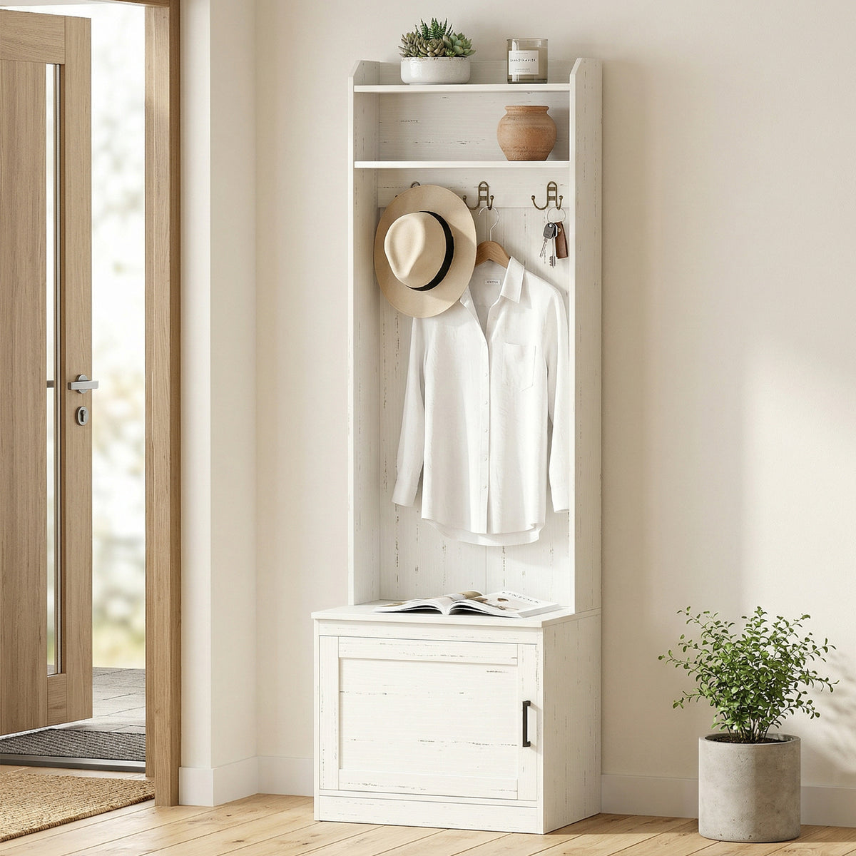 Modern Hall Tree with Shoe Storage Bench - White Wood Grain-Home Furnishings > Storage & Organization > Clothing Storage-DECOROLALA