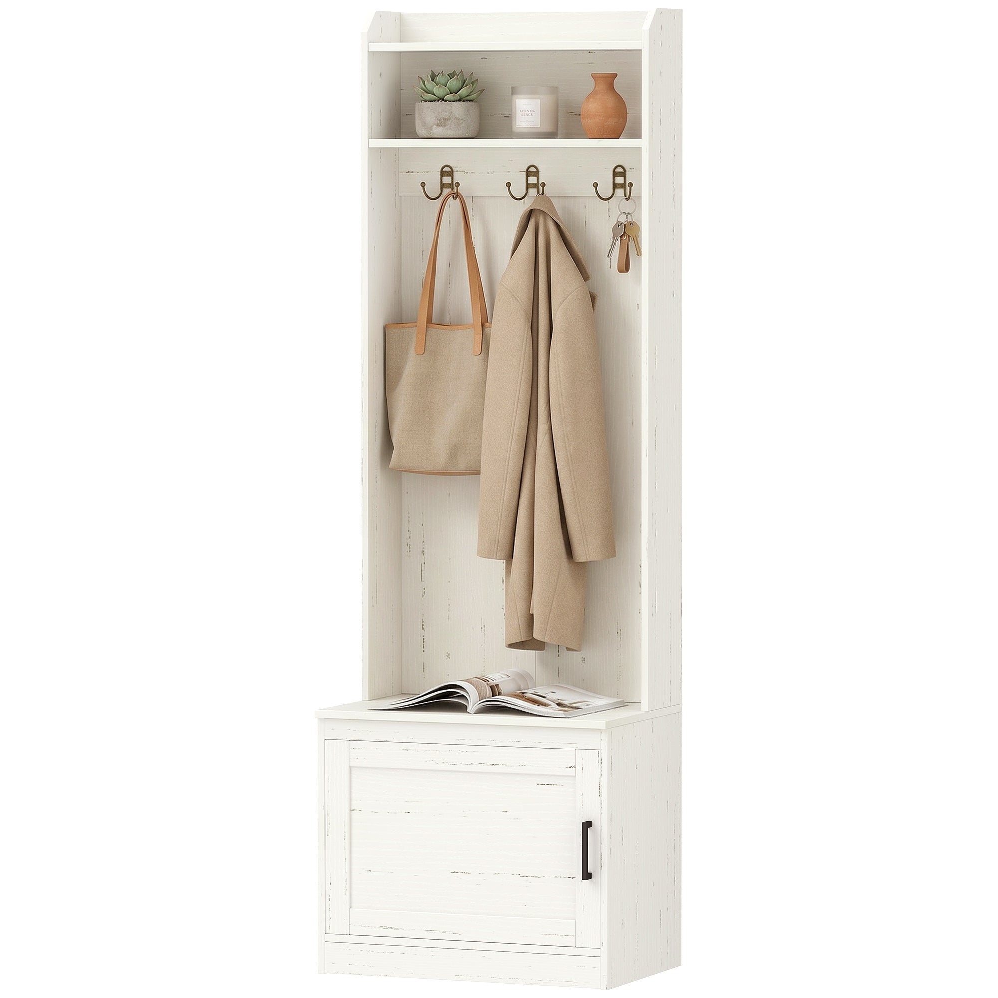 Modern Hall Tree with Shoe Storage Bench - White Wood Grain-Home Furnishings > Storage & Organization > Clothing Storage-DECOROLALA