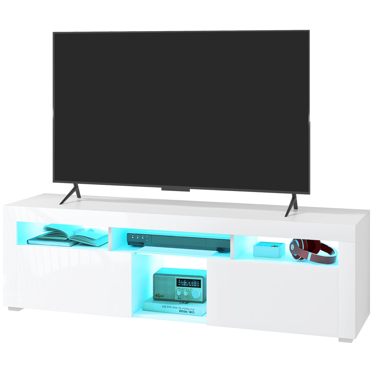 Modern High Gloss White TV Stand with LED Lights, Storage, 55" Max-DECOROLALA