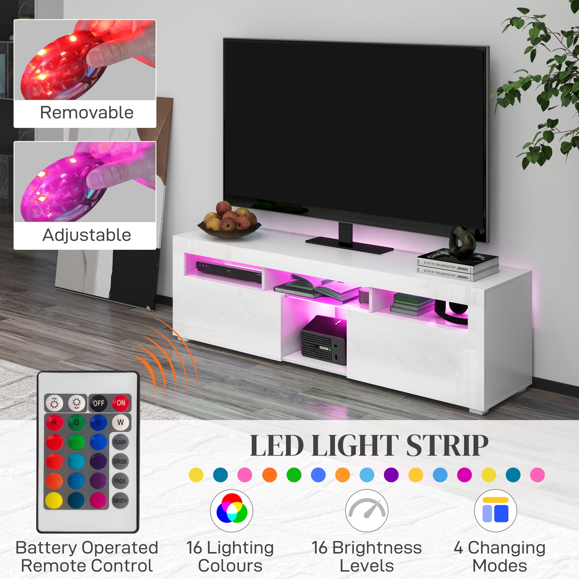 Modern High Gloss White TV Stand with LED Lights, Storage, 55" Max-DECOROLALA