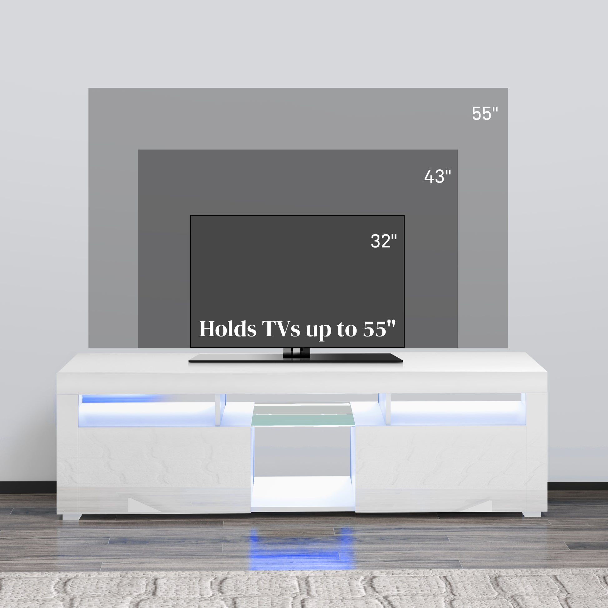 Modern High Gloss White TV Stand with LED Lights, Storage, 55" Max-DECOROLALA