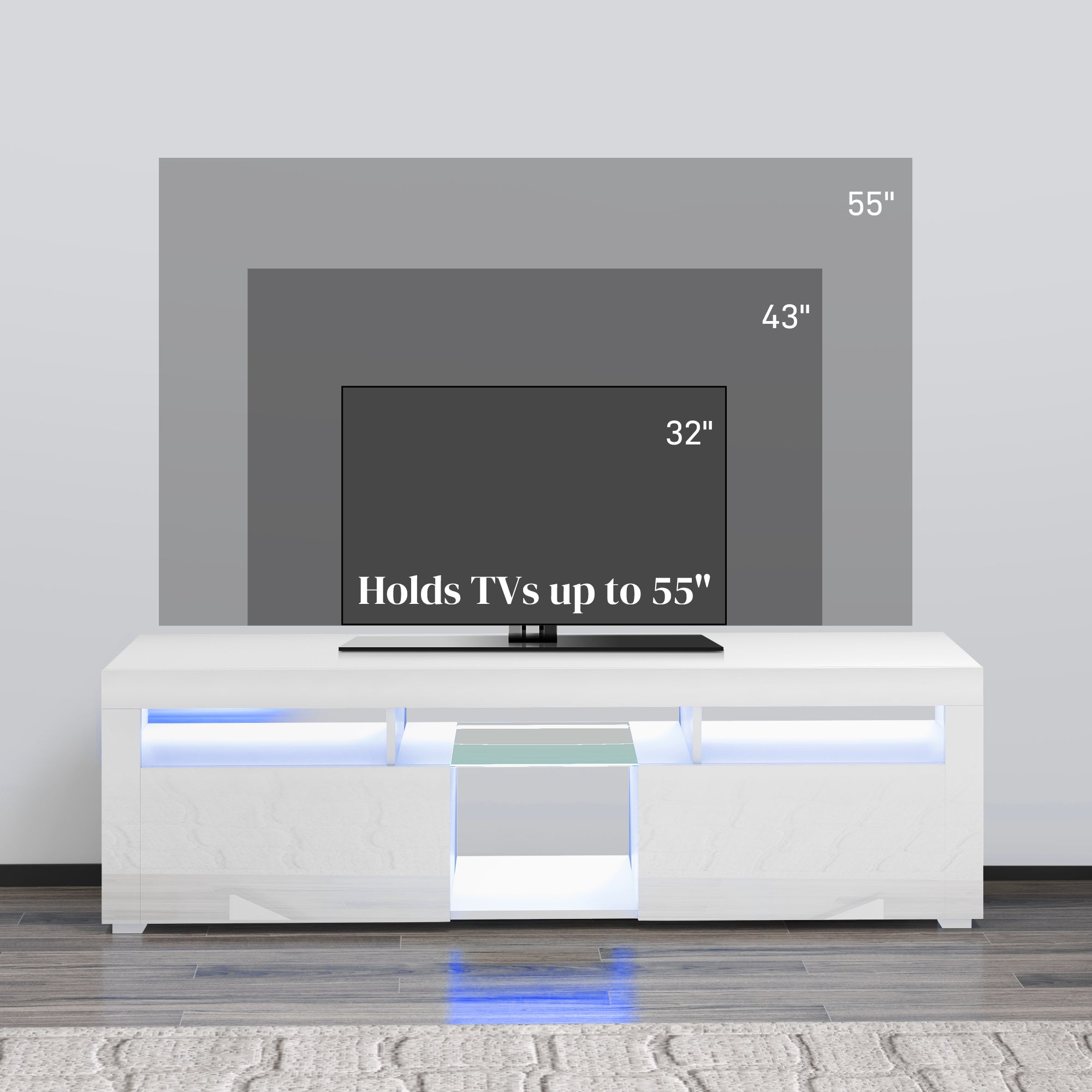 Modern High Gloss White TV Stand with LED Lights, Storage, 55" Max-DECOROLALA
