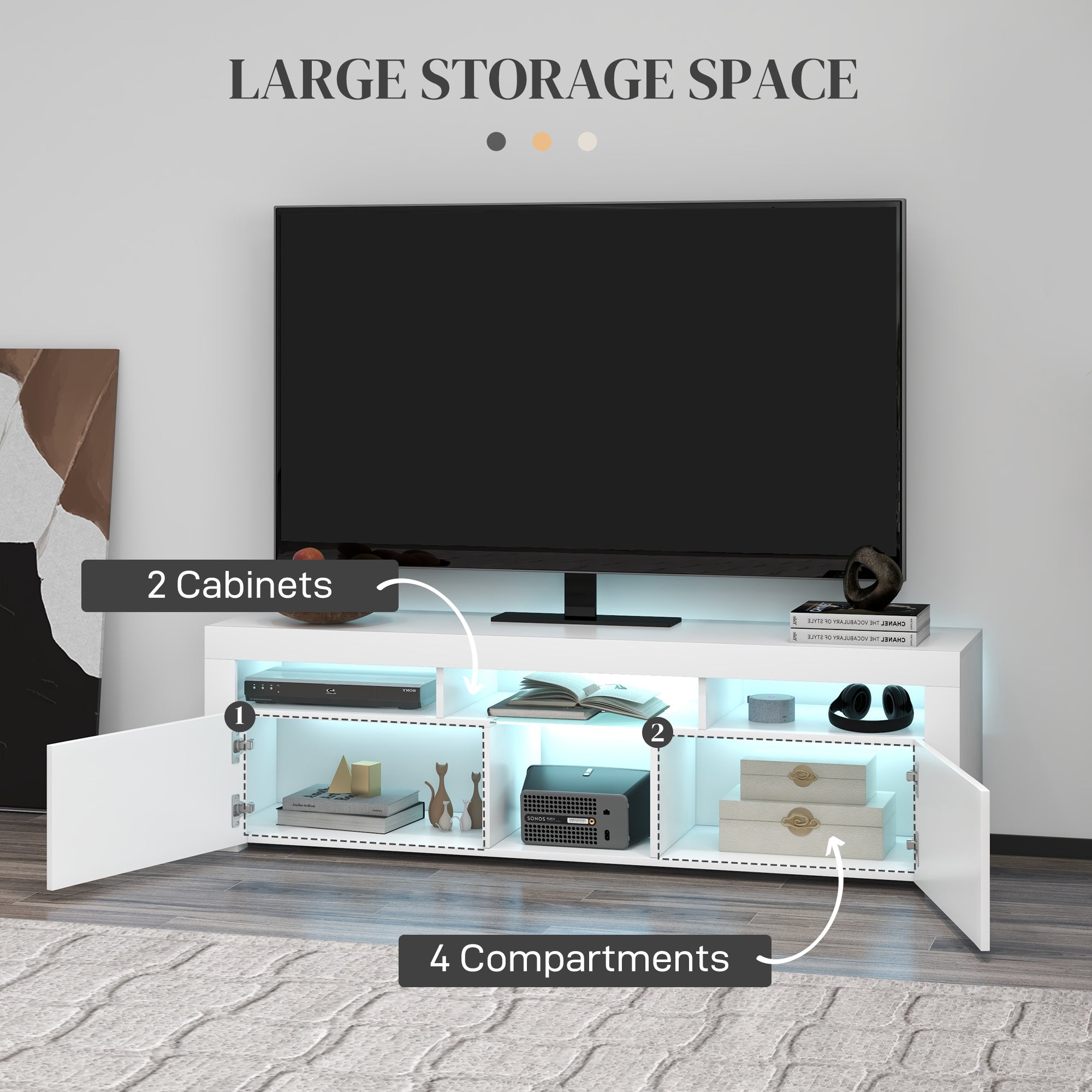 Modern High Gloss White TV Stand with LED Lights, Storage, 55" Max-DECOROLALA
