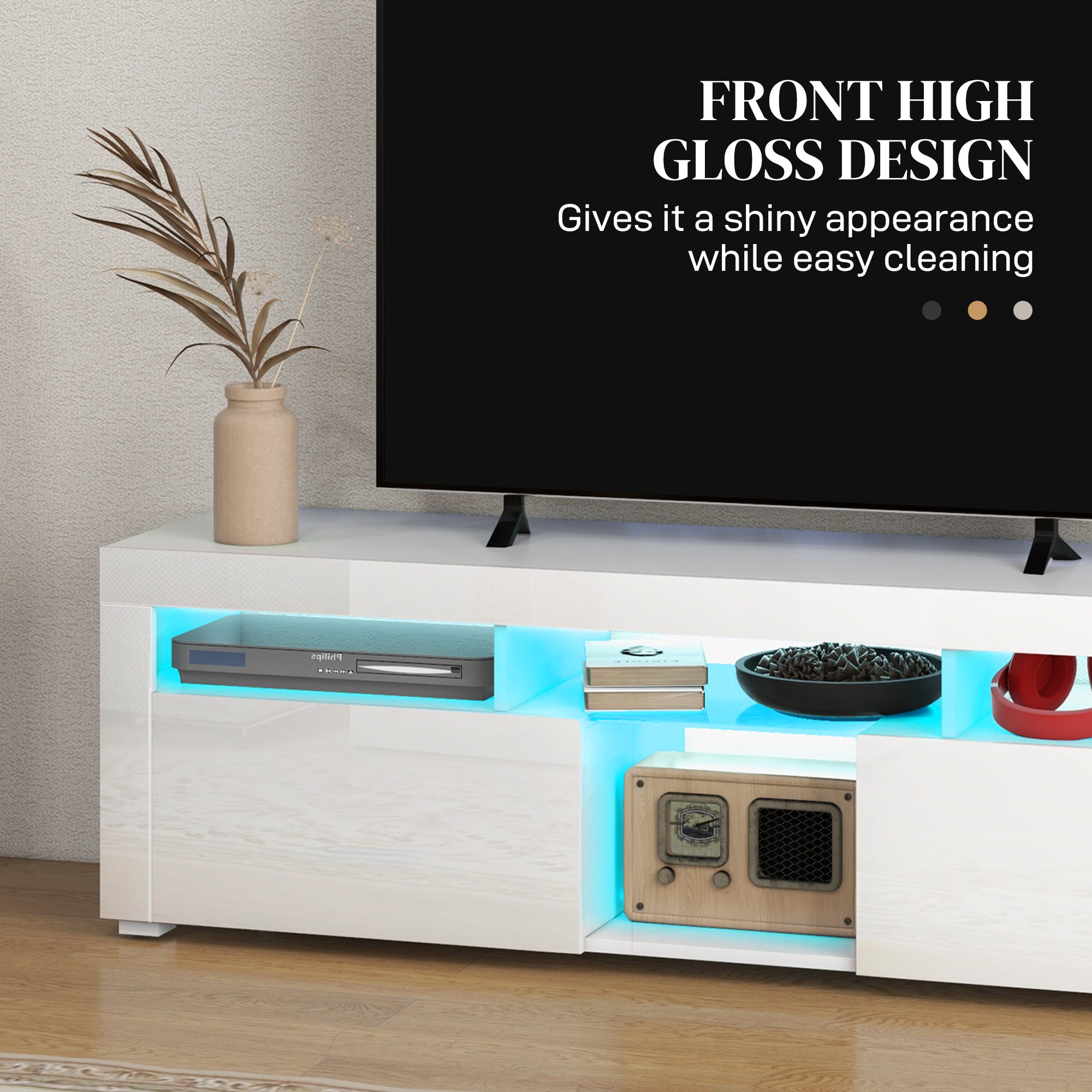 Modern High Gloss White TV Stand with LED Lights, Storage, 55" Max-DECOROLALA