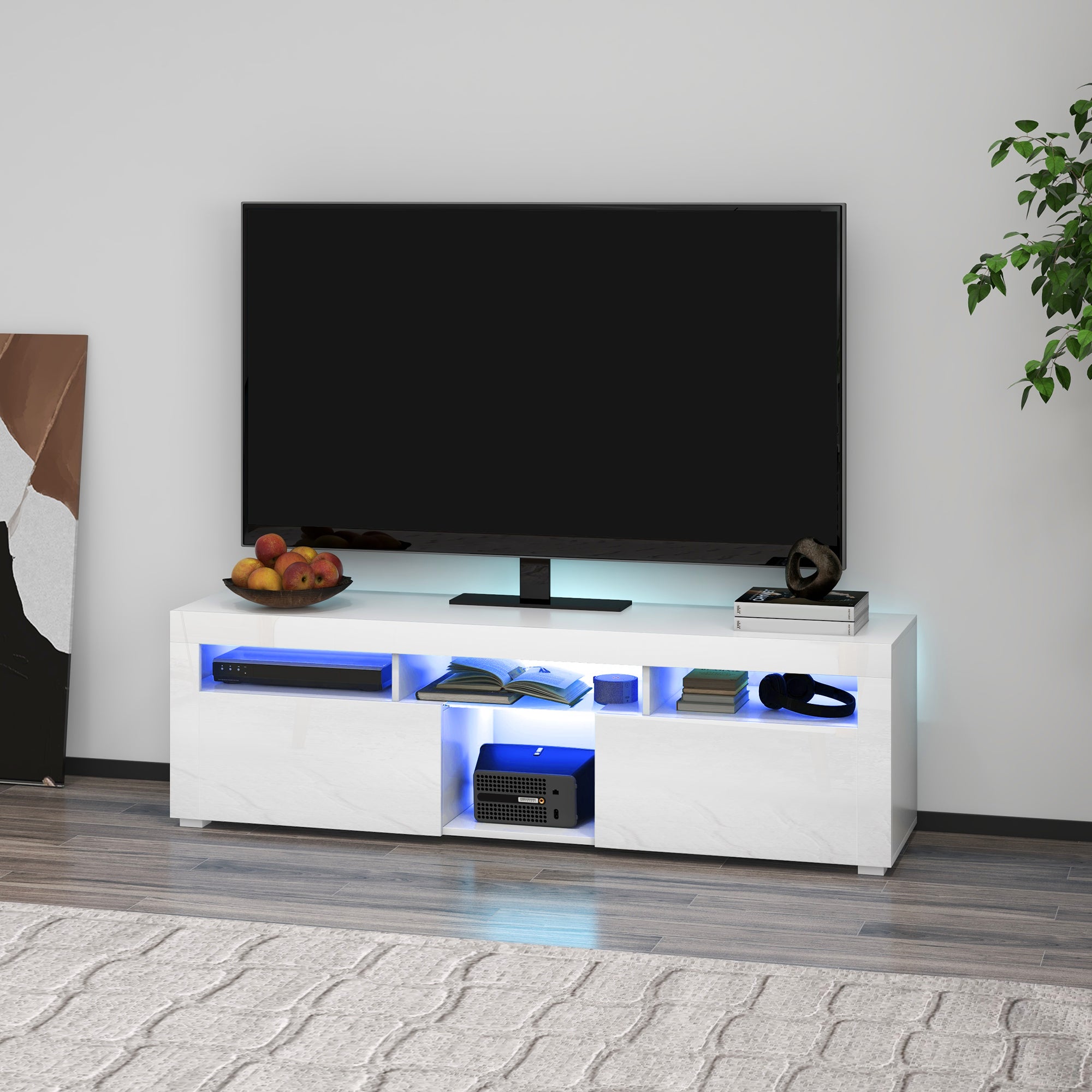 Modern High Gloss White TV Stand with LED Lights, Storage, 55" Max-DECOROLALA