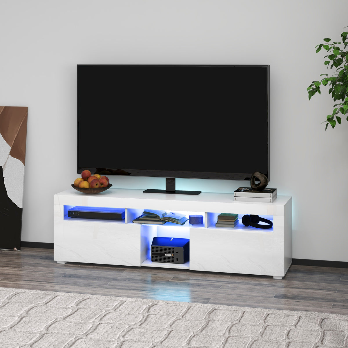 Modern High Gloss White TV Stand with LED Lights, Storage, 55" Max-DECOROLALA