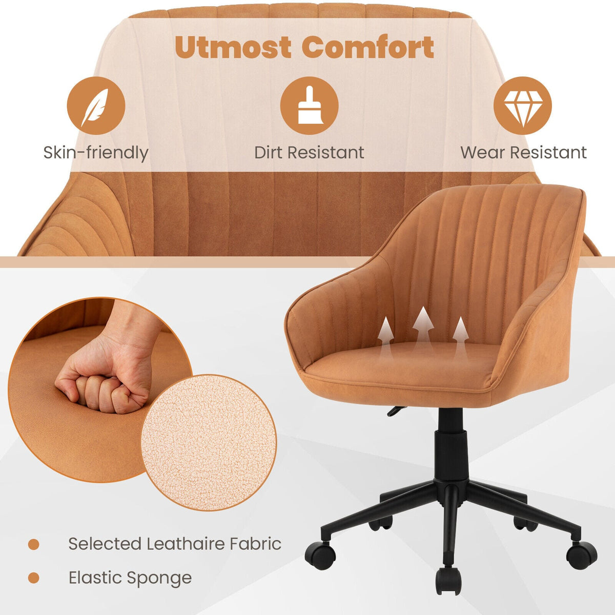 Modern Home Office Chair with Curved Backrest and Comfortable Armrests-Brown-Office Leisure Chairs-DECOROLALA