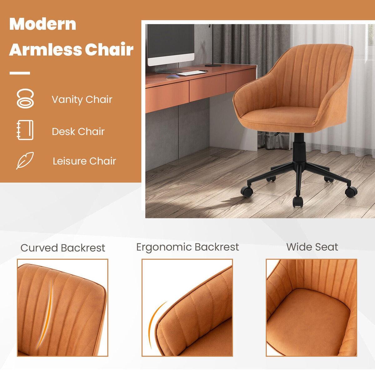 Modern Home Office Chair with Curved Backrest and Comfortable Armrests-Brown-Office Leisure Chairs-DECOROLALA