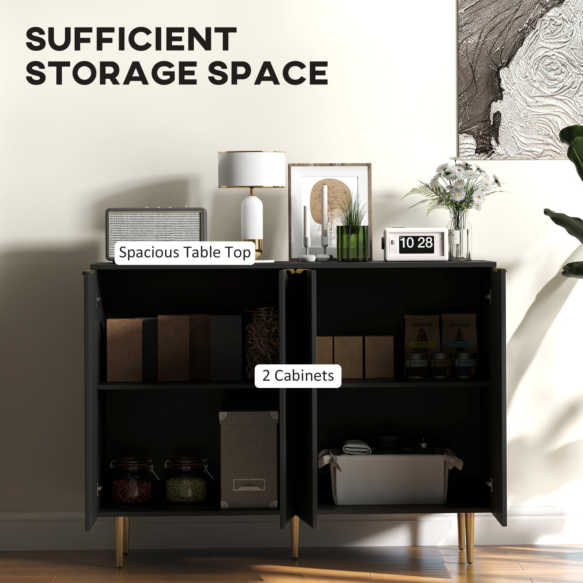 Modern Kitchen Cabinet, Black, Adjustable Shelves, 2-Tier Buffet-DECOROLALA