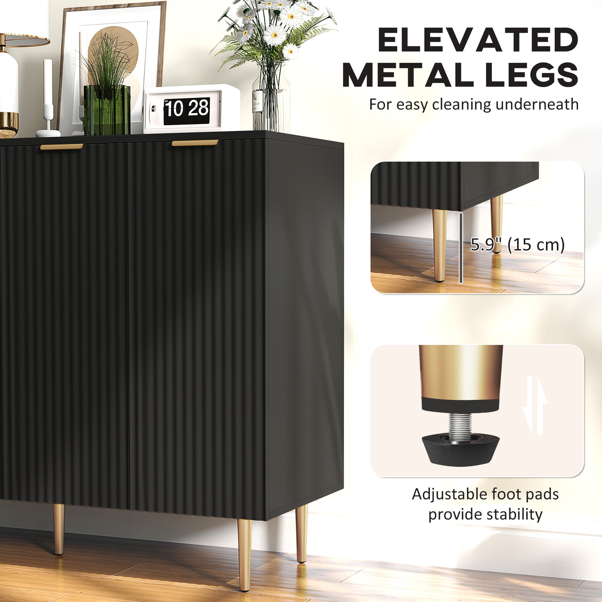 Modern Kitchen Cabinet, Black, Adjustable Shelves, 2-Tier Buffet-DECOROLALA
