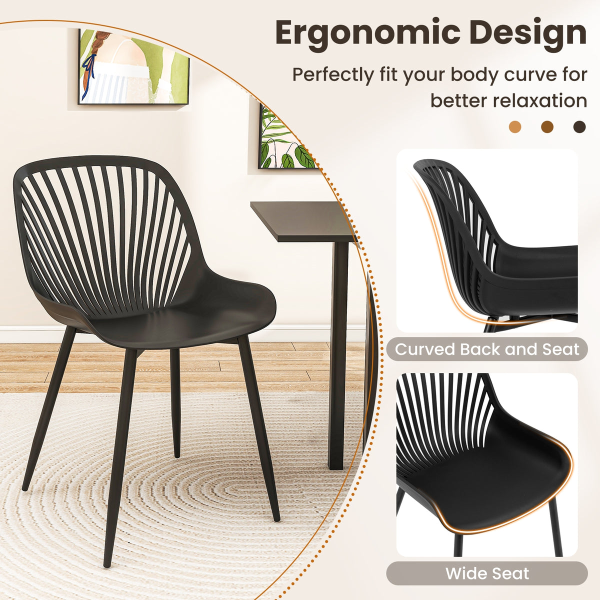 Modern Kitchen Chairs with Metal Legs Cutout Backrest Curved Seat for Dining Room Home Office-Black-Dining Chairs-DECOROLALA