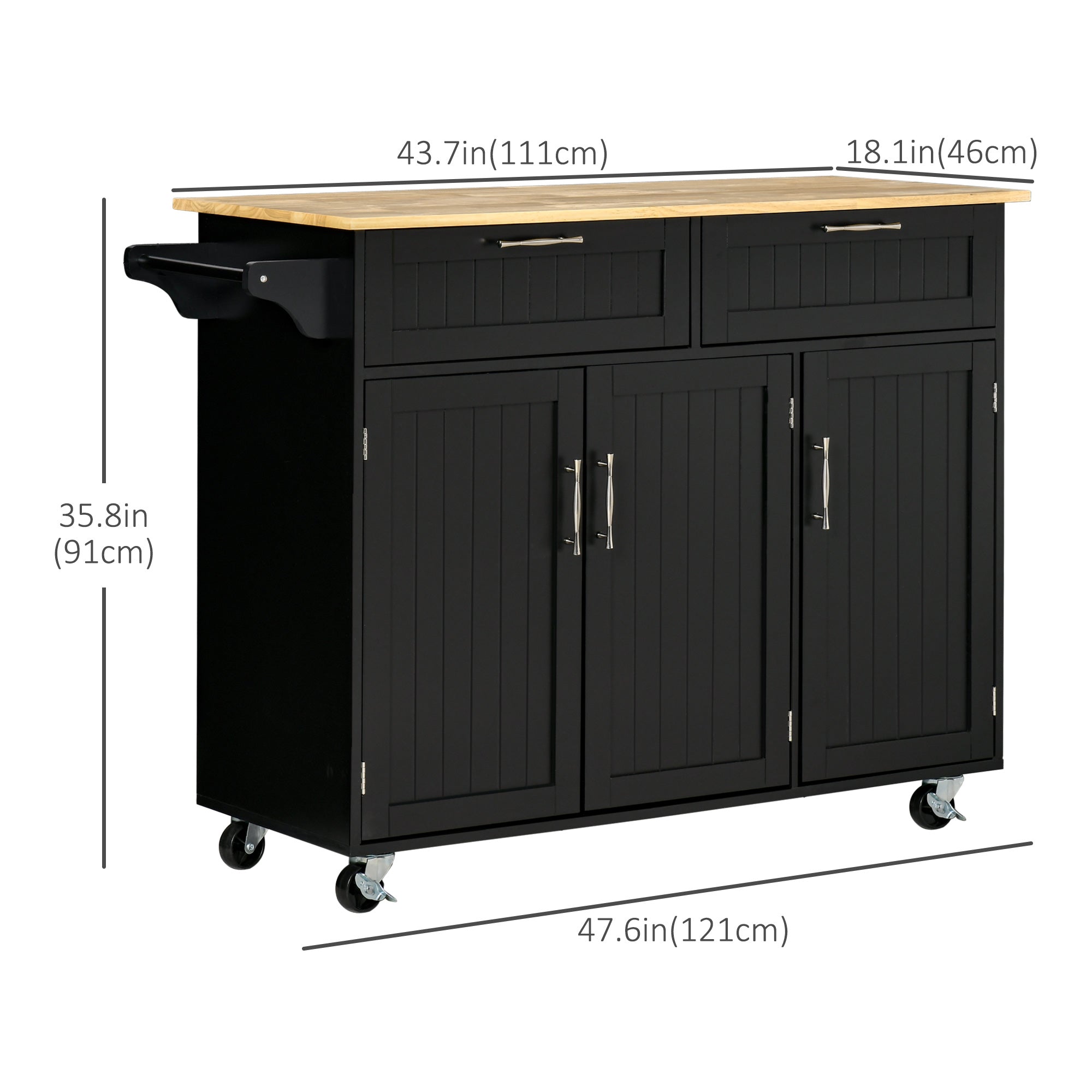 Modern Kitchen Island Rolling Cart - Black Rubberwood Top-DECOROLALA