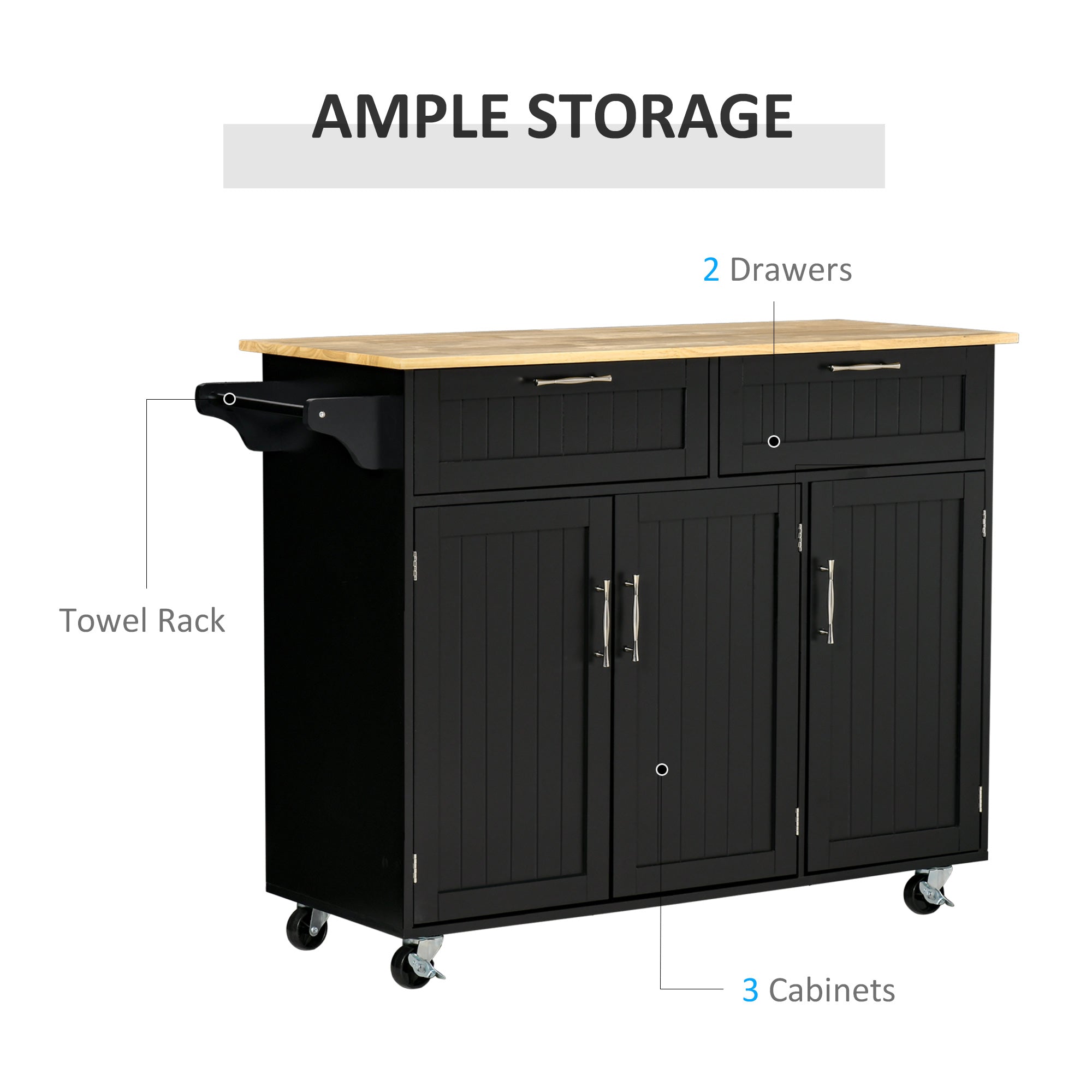 Modern Kitchen Island Rolling Cart - Black Rubberwood Top-DECOROLALA