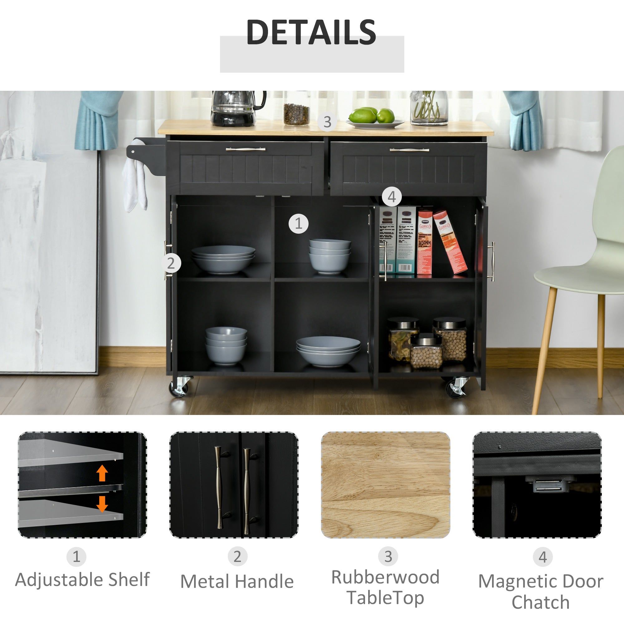Modern Kitchen Island Rolling Cart - Black Rubberwood Top-DECOROLALA